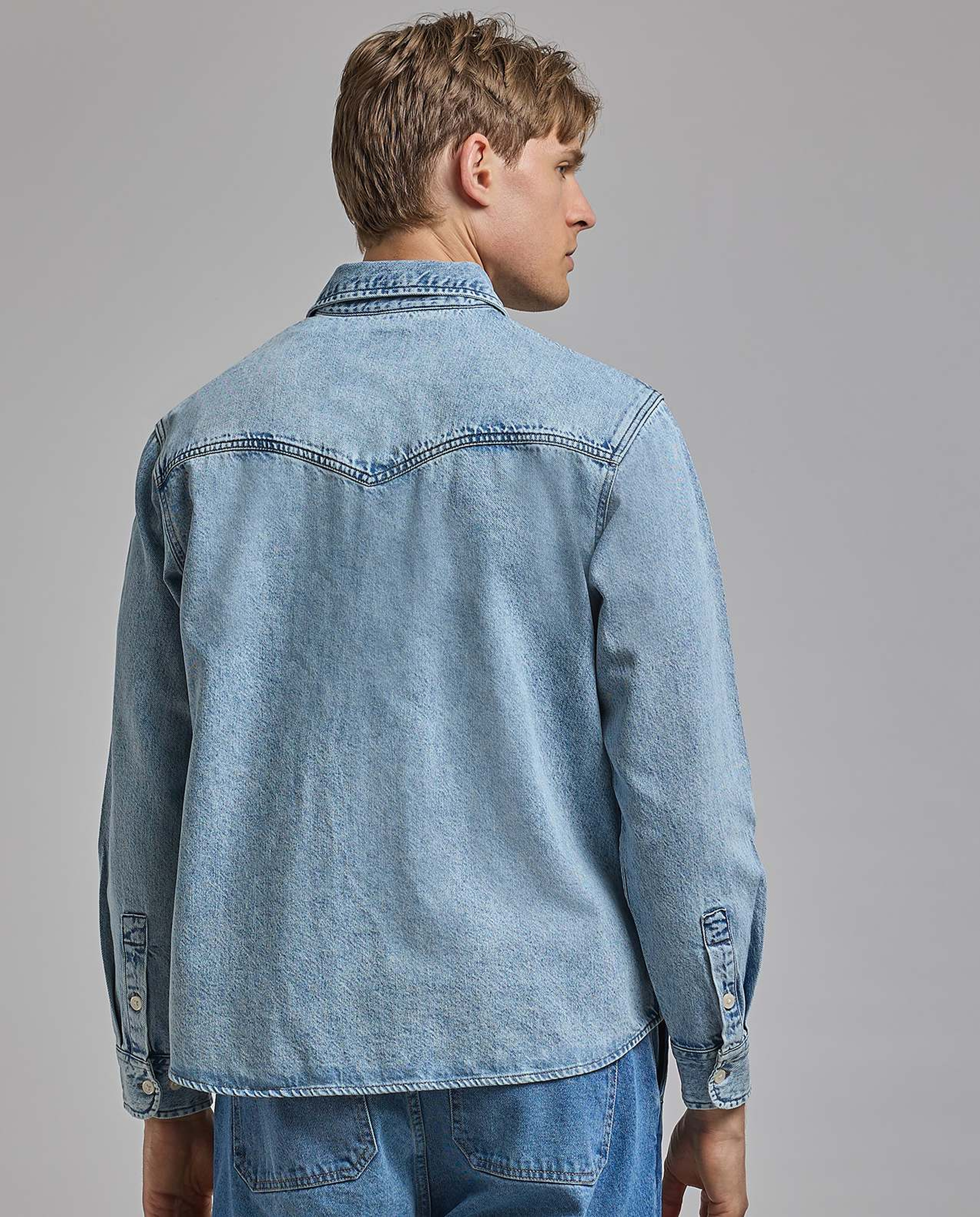 Faded Denim Shirt with Classic Collar and Long Sleeves