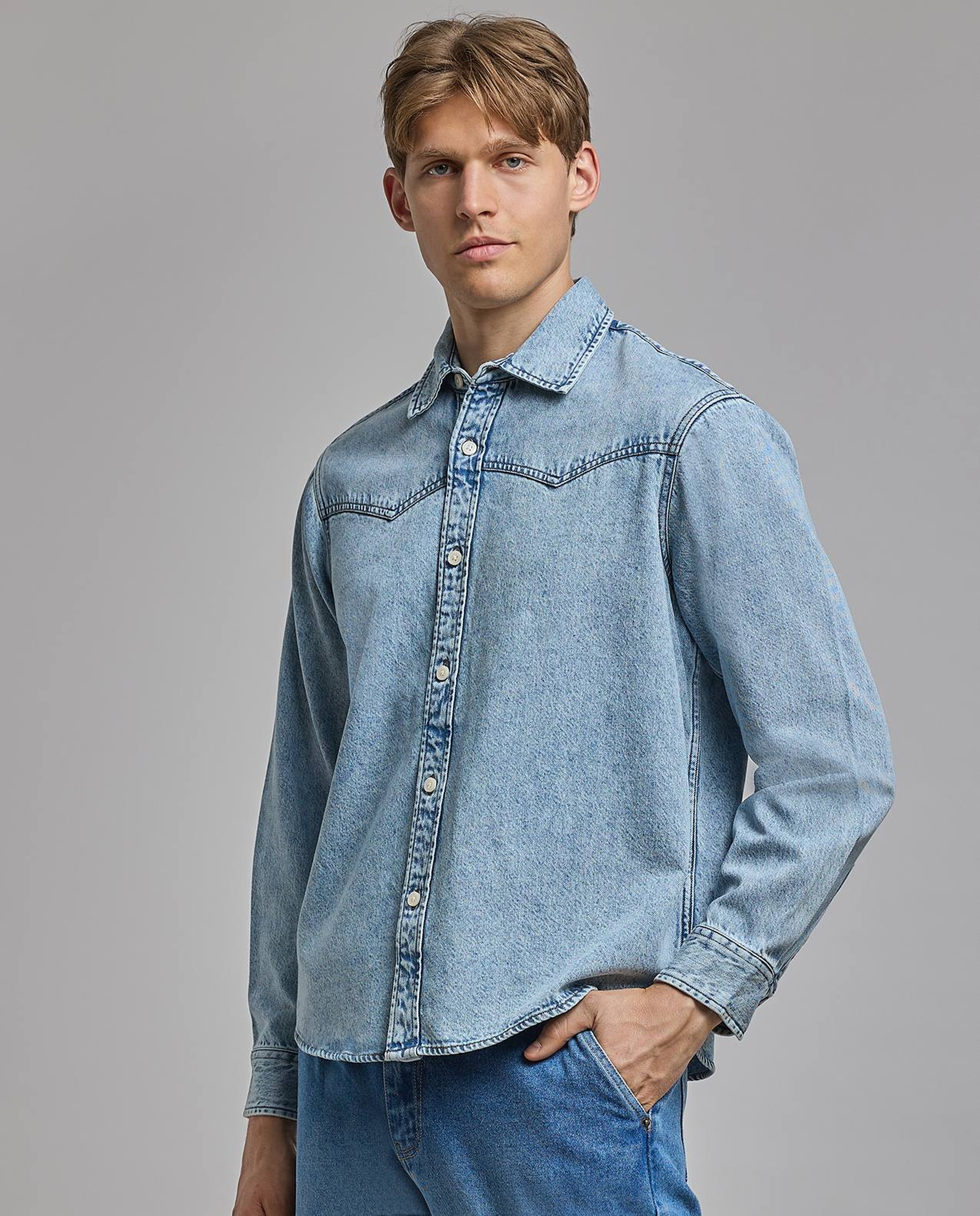 Faded Denim Shirt with Classic Collar and Long Sleeves