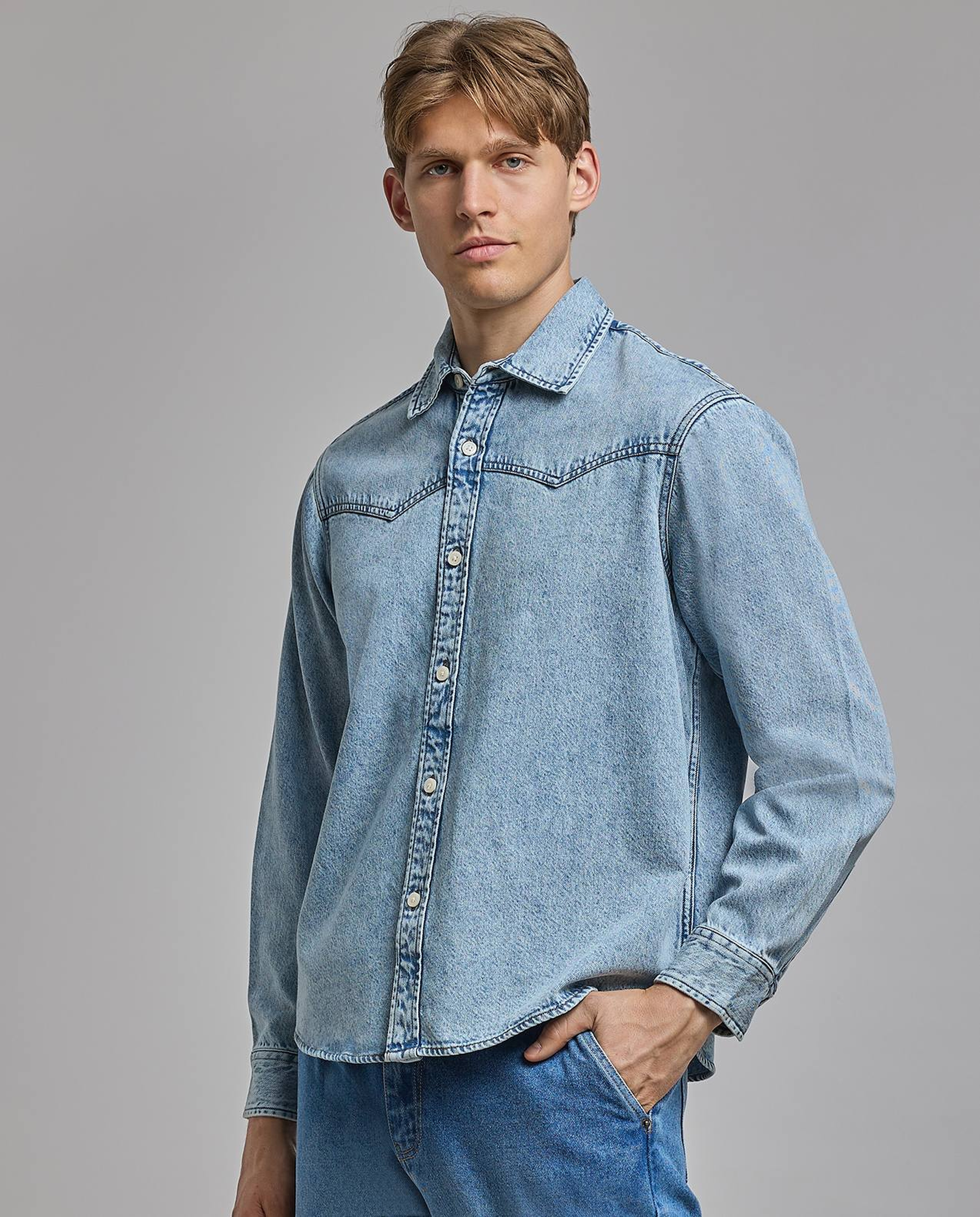 Faded Denim Shirt with Classic Collar and Long Sleeves