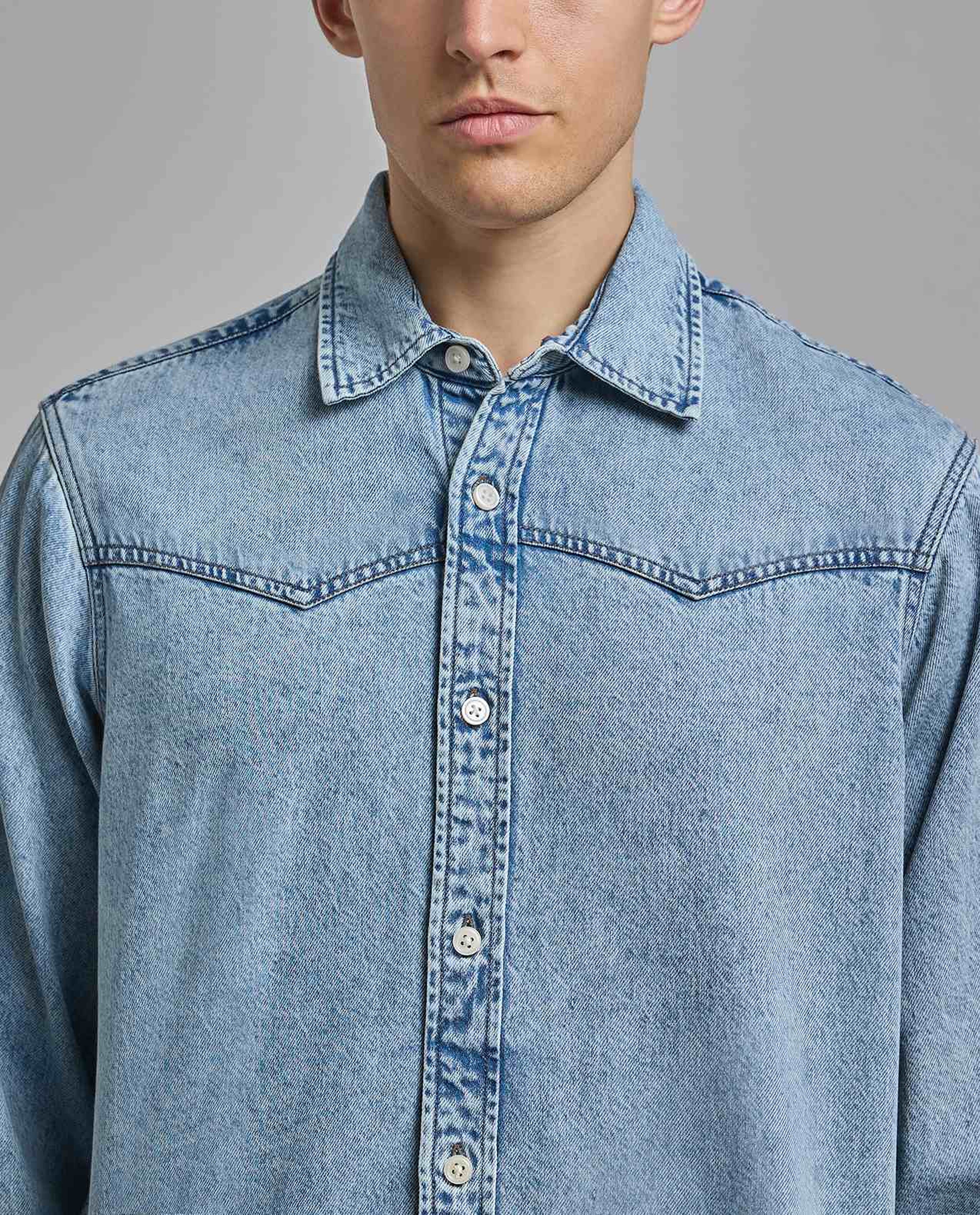 Faded Denim Shirt with Classic Collar and Long Sleeves
