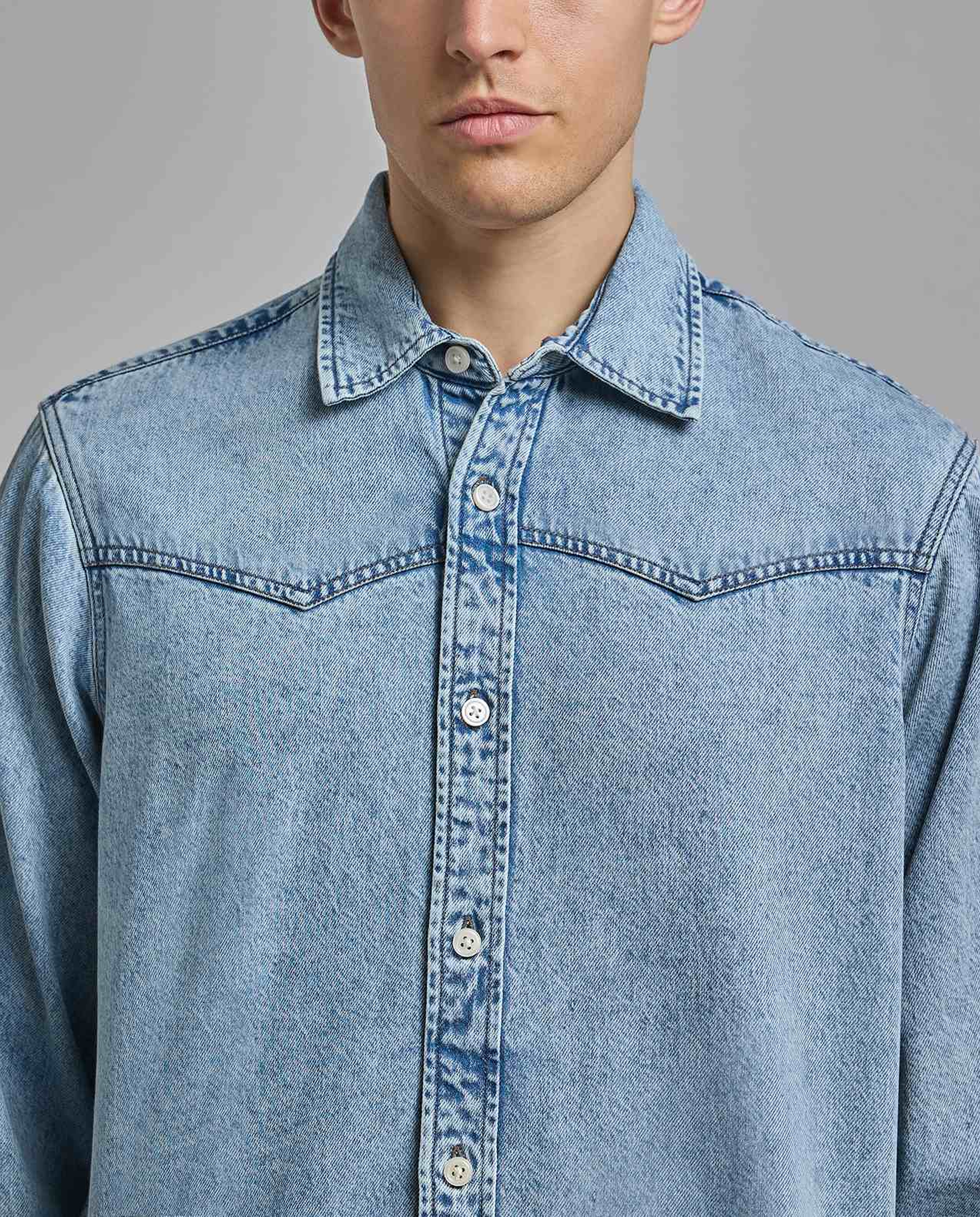 Faded Denim Shirt with Classic Collar and Long Sleeves