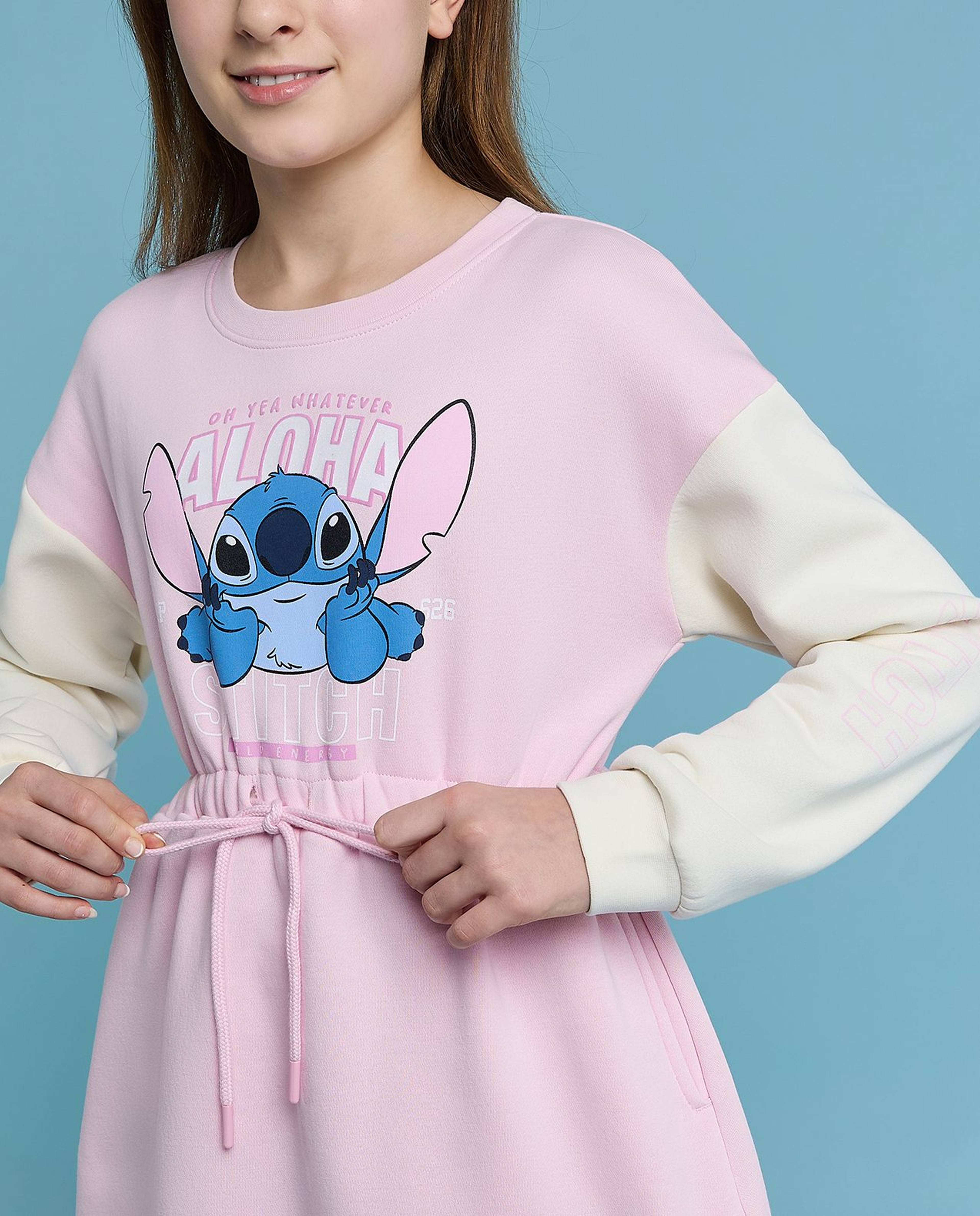 Stitch Printed Dress with Crew Neck and Long Sleeves