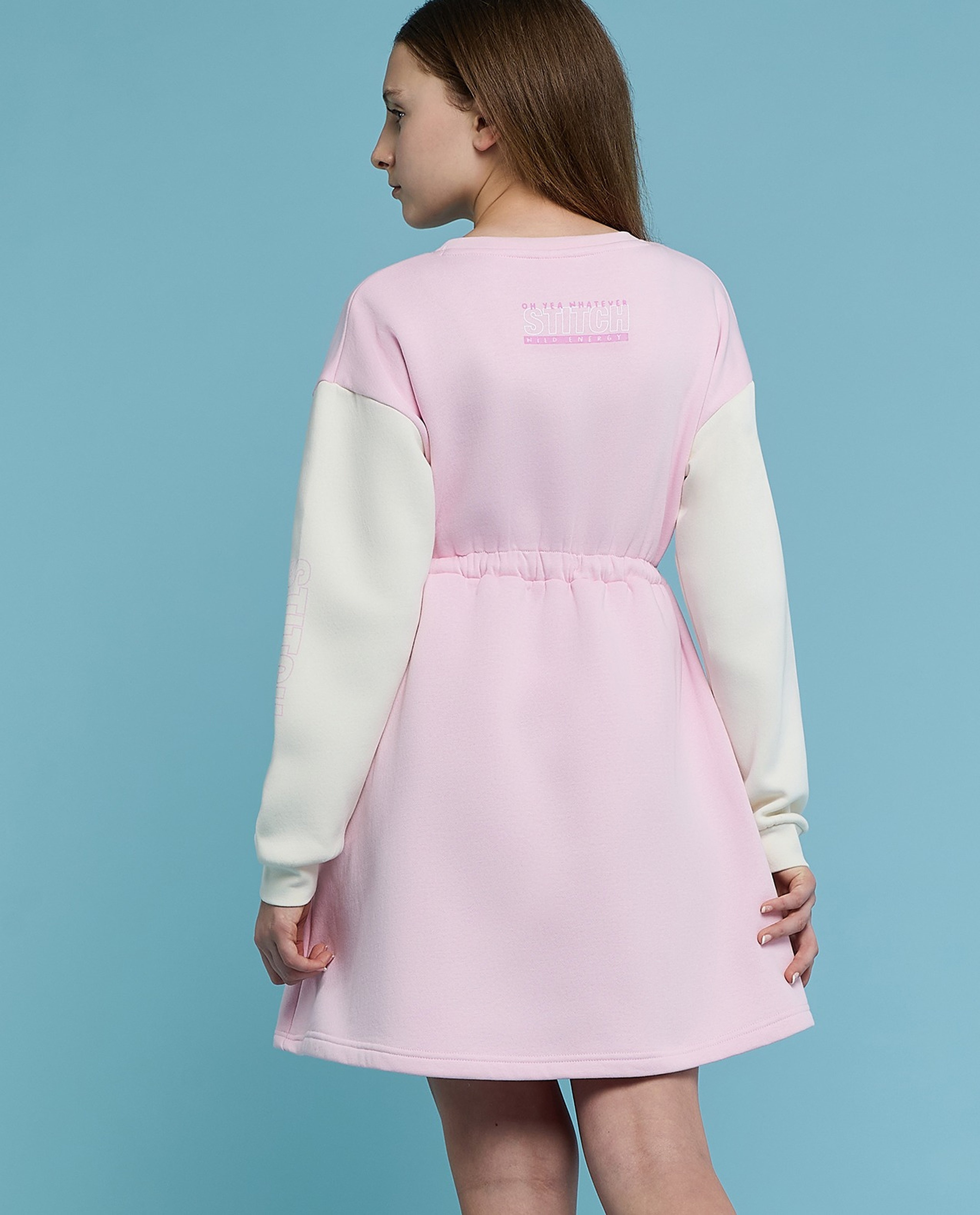 Stitch Printed Dress with Crew Neck and Long Sleeves