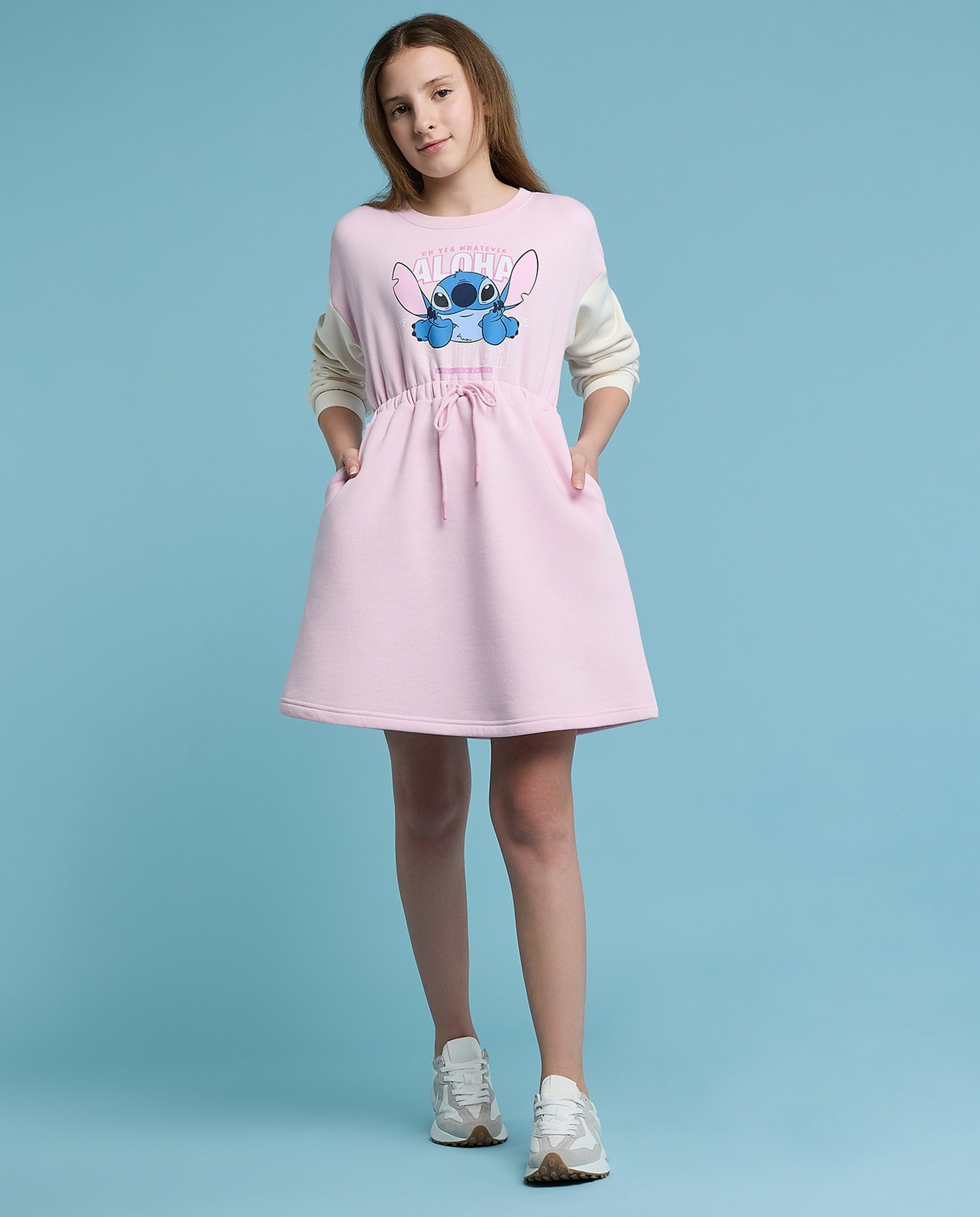 Stitch Printed Dress with Crew Neck and Long Sleeves