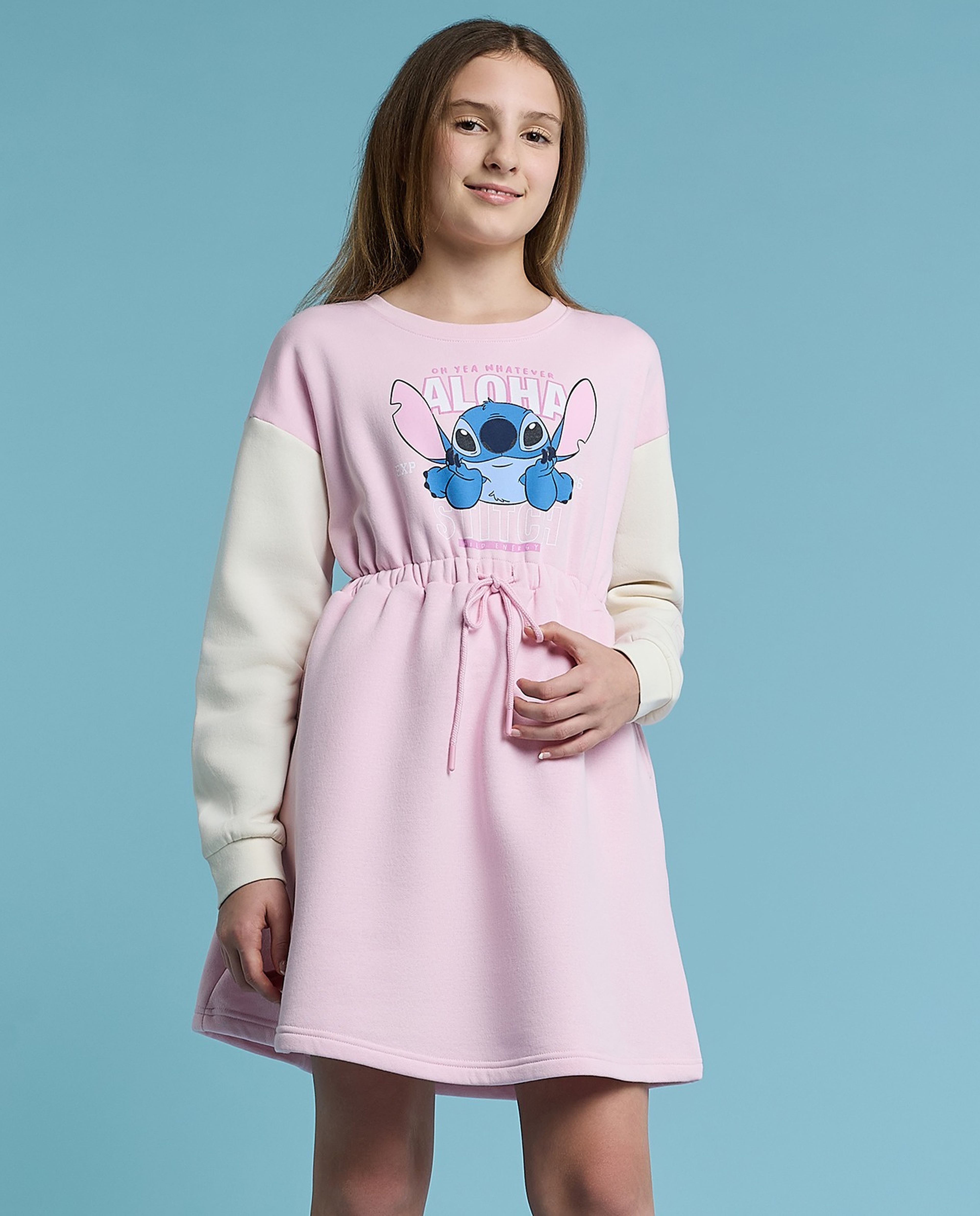 Stitch Printed Dress with Crew Neck and Long Sleeves