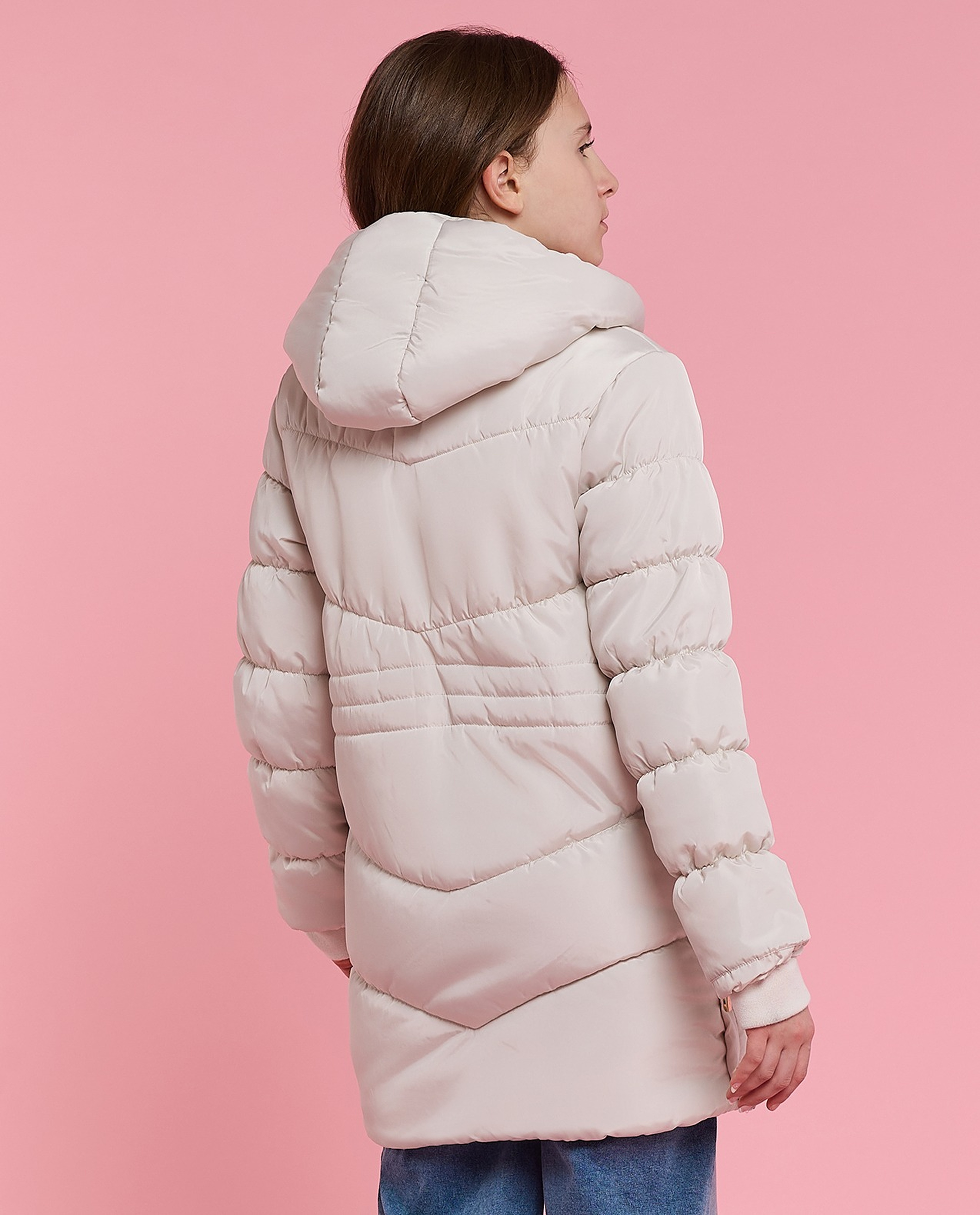 Solid Hooded Puffer Jacket with Zipper Closure