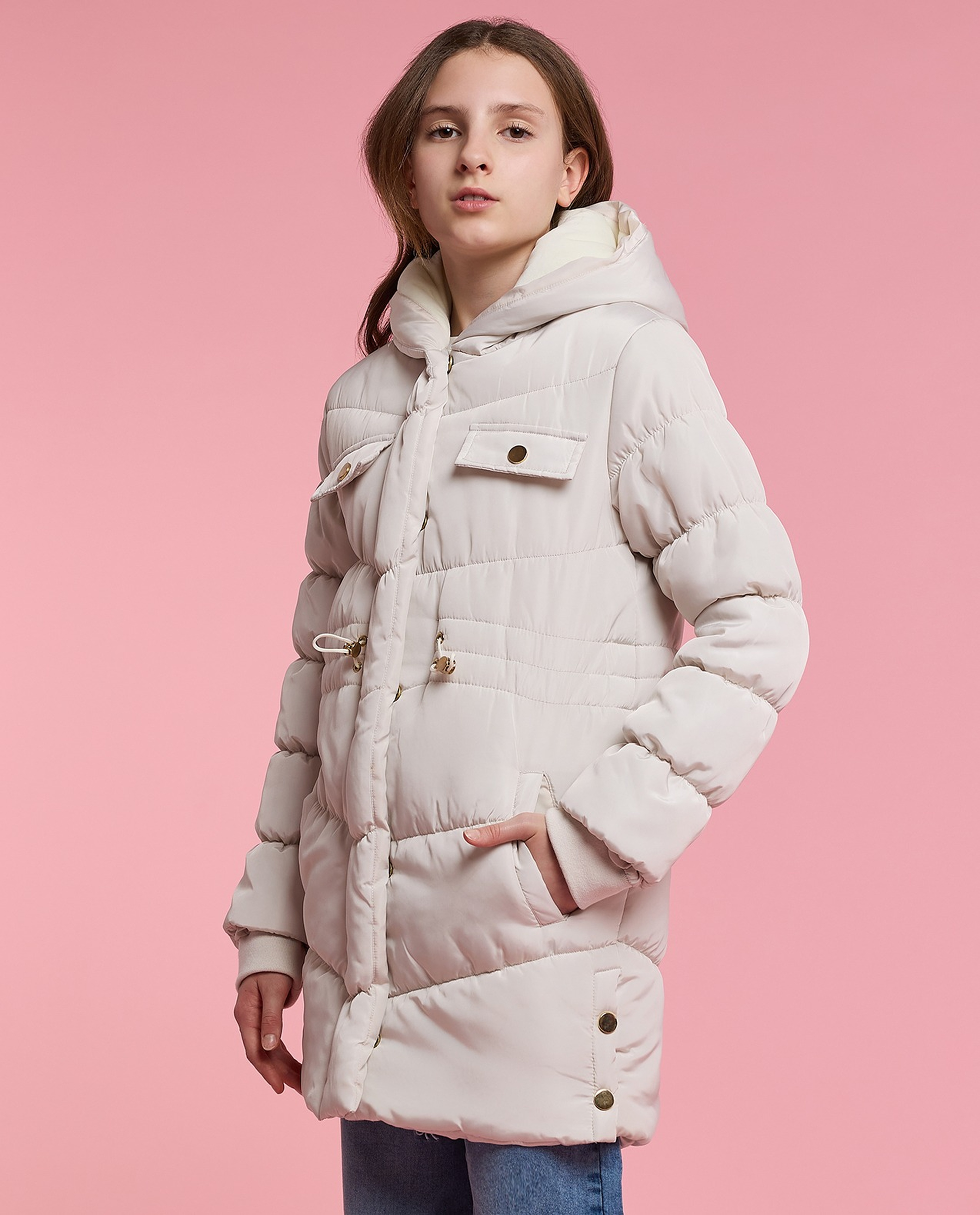 Solid Hooded Puffer Jacket with Zipper Closure