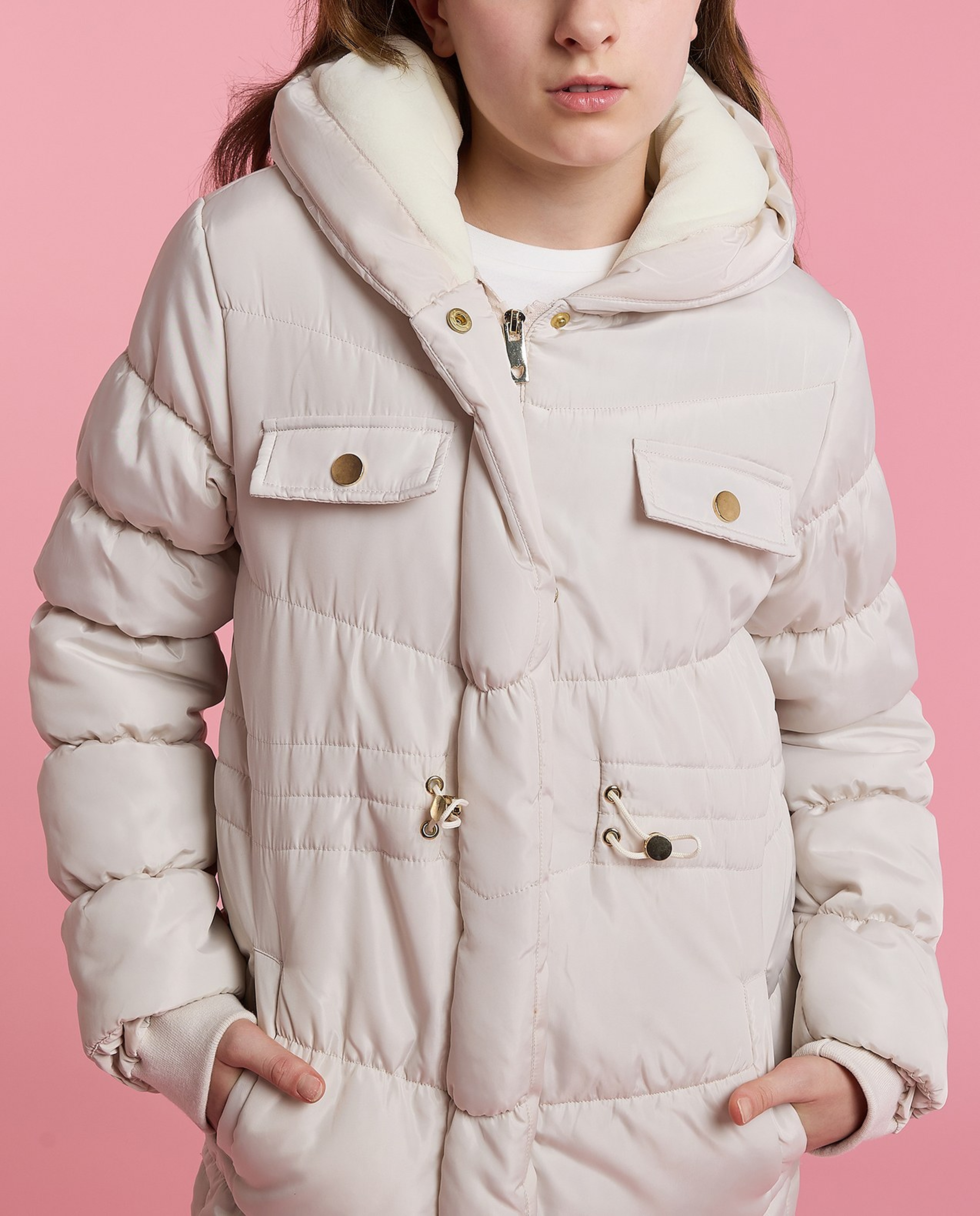 Solid Hooded Puffer Jacket with Zipper Closure