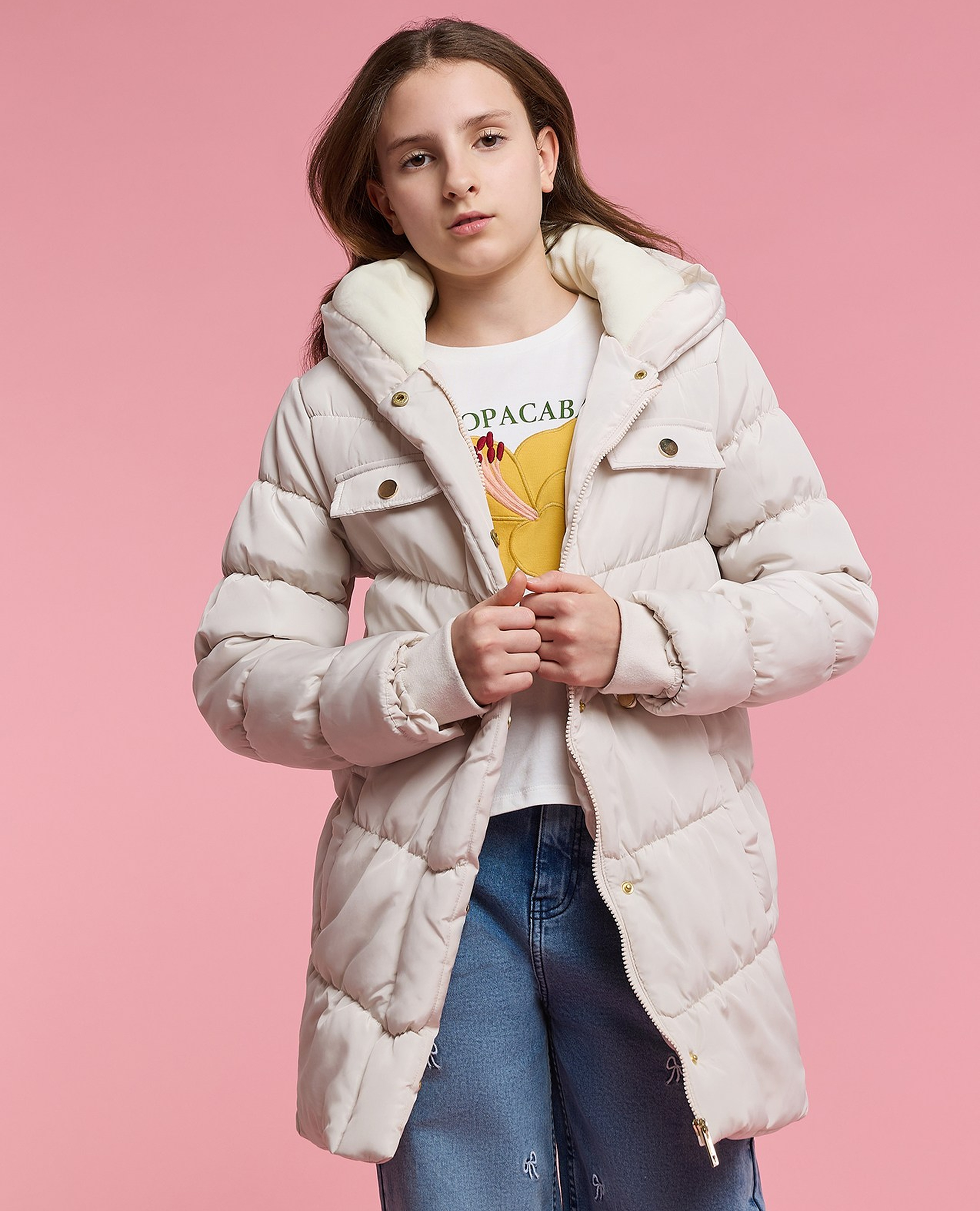 Solid Hooded Puffer Jacket with Zipper Closure