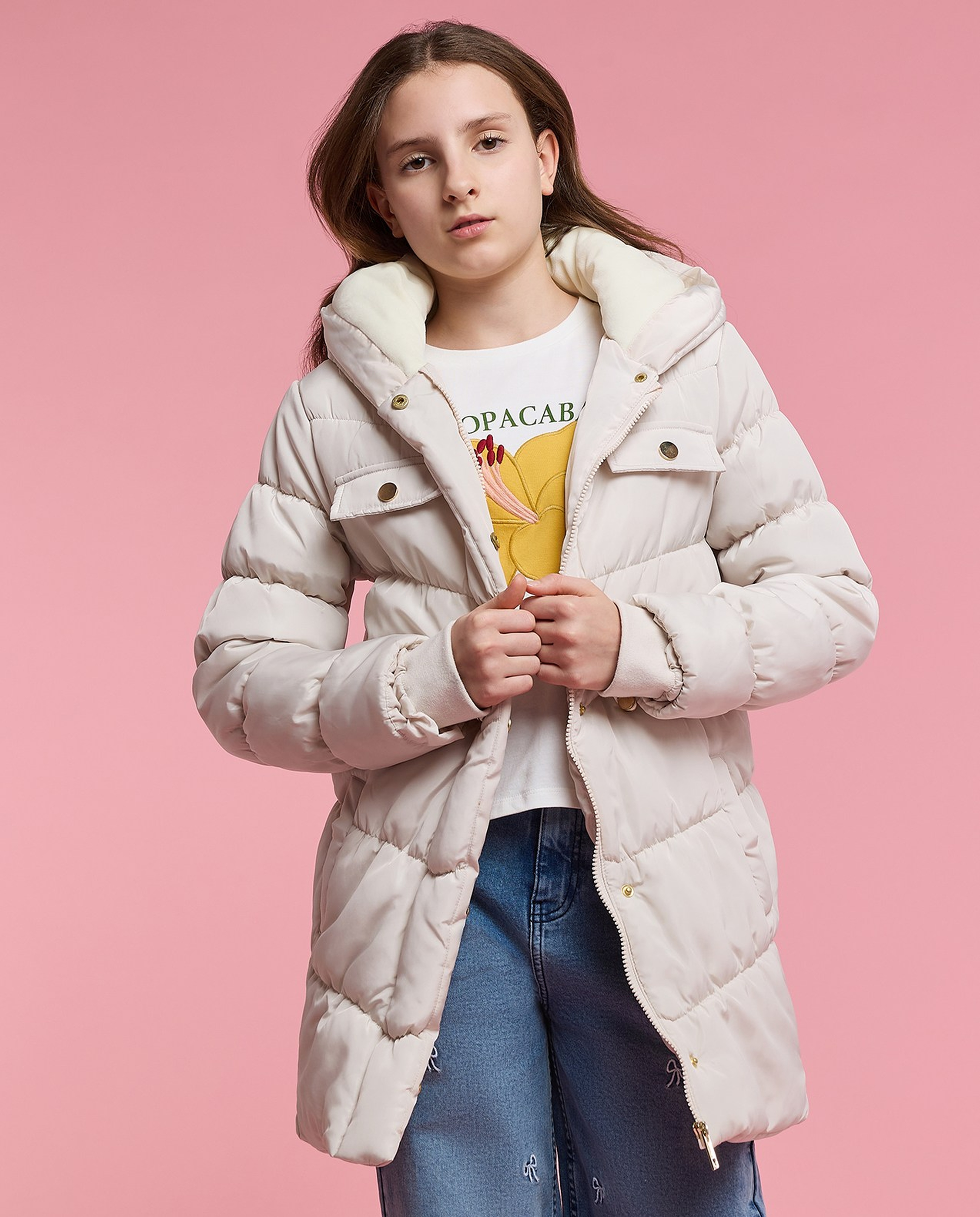 Solid Hooded Puffer Jacket with Zipper Closure