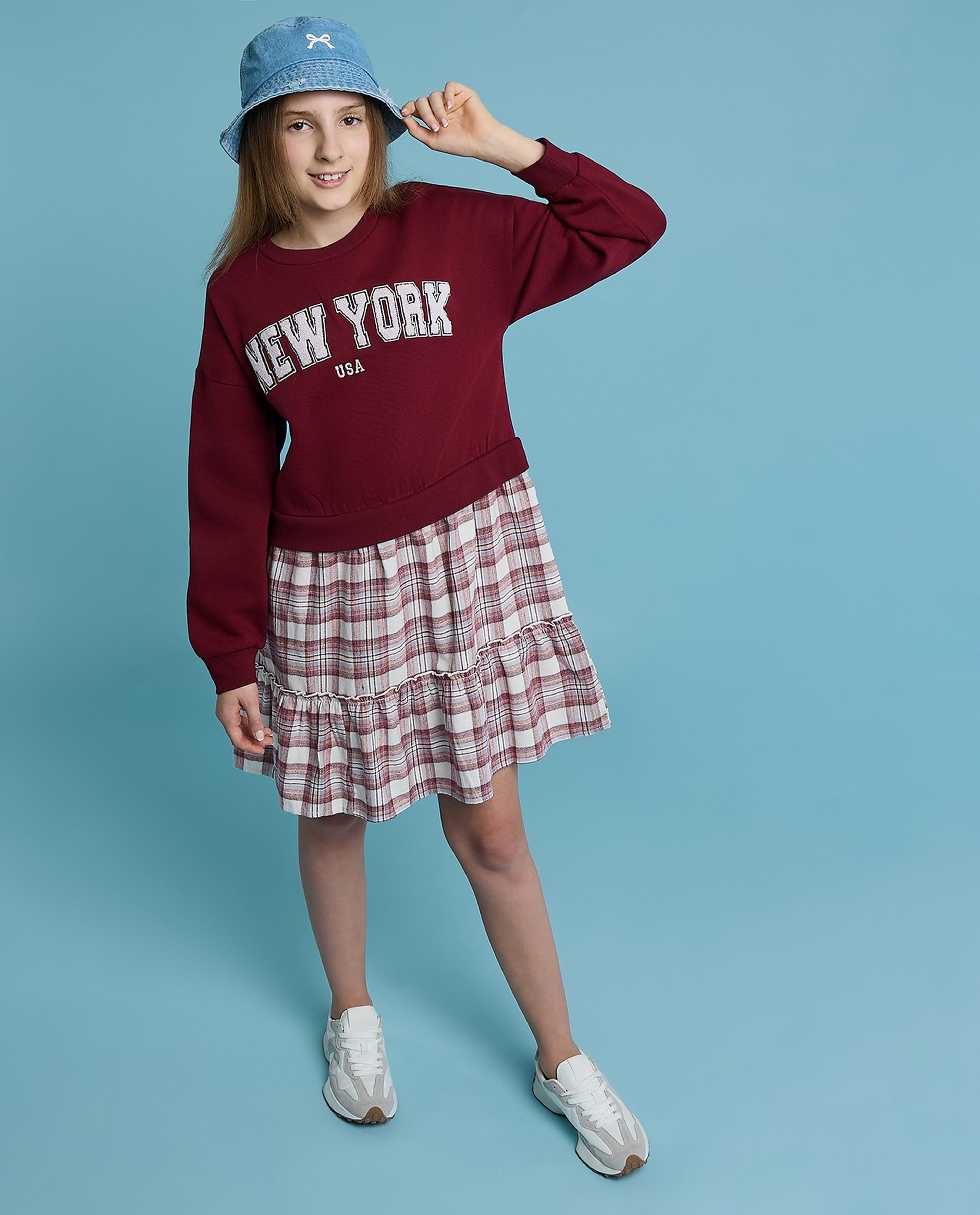 Printed Sweatdress with Crew Neck and Long Sleeves