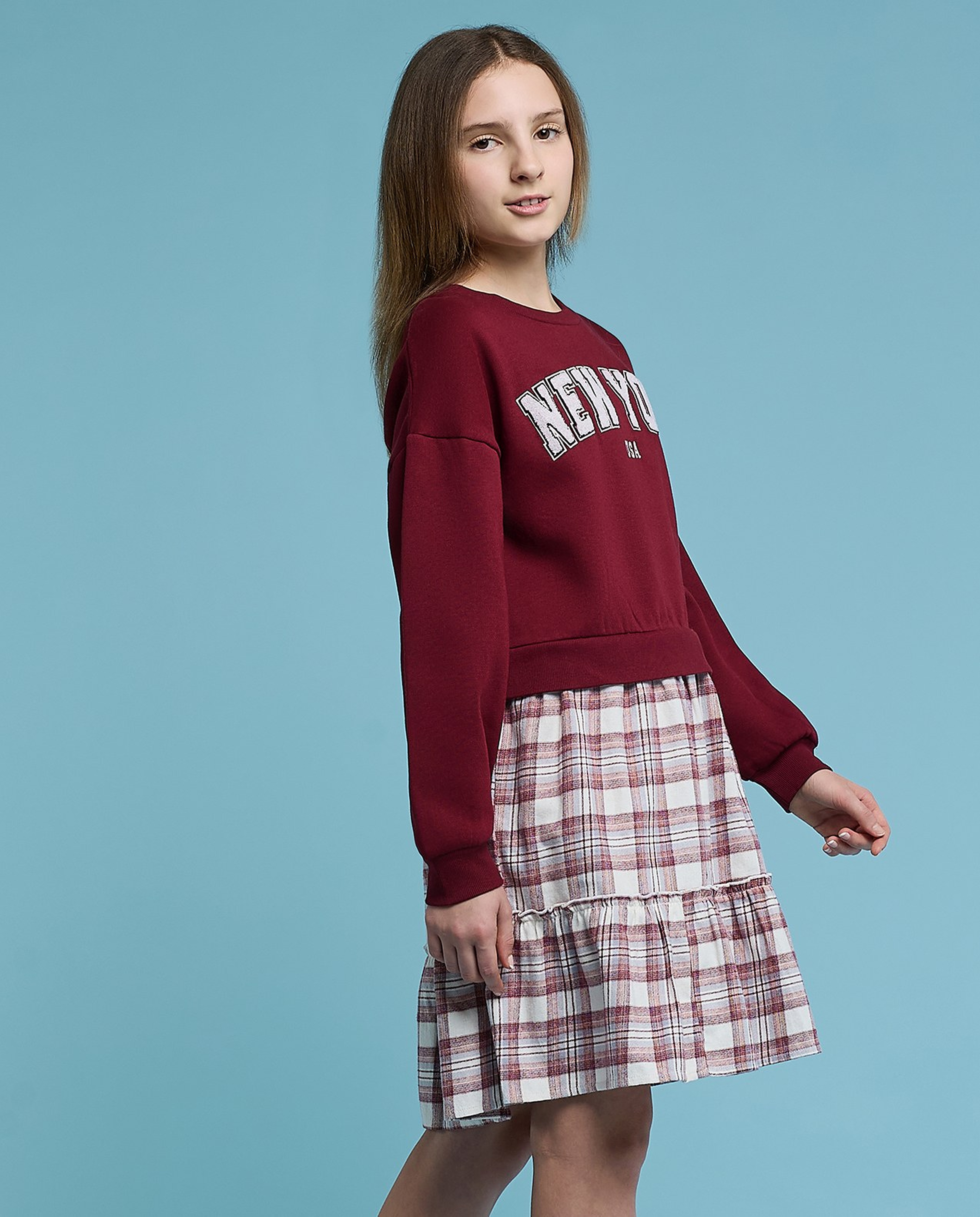 Printed Sweatdress with Crew Neck and Long Sleeves