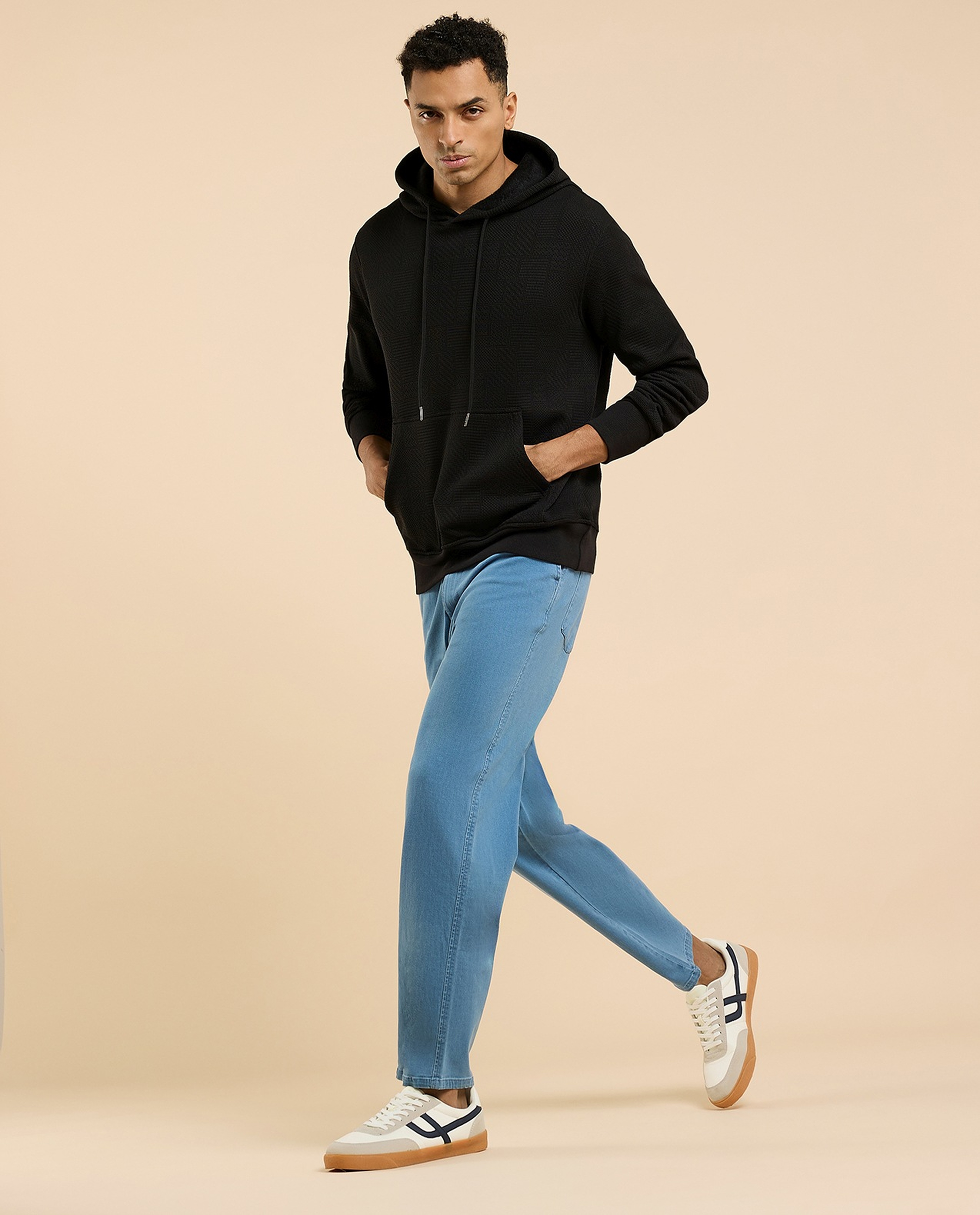 Washed Tapered Fit Jeans with Elastic Waist