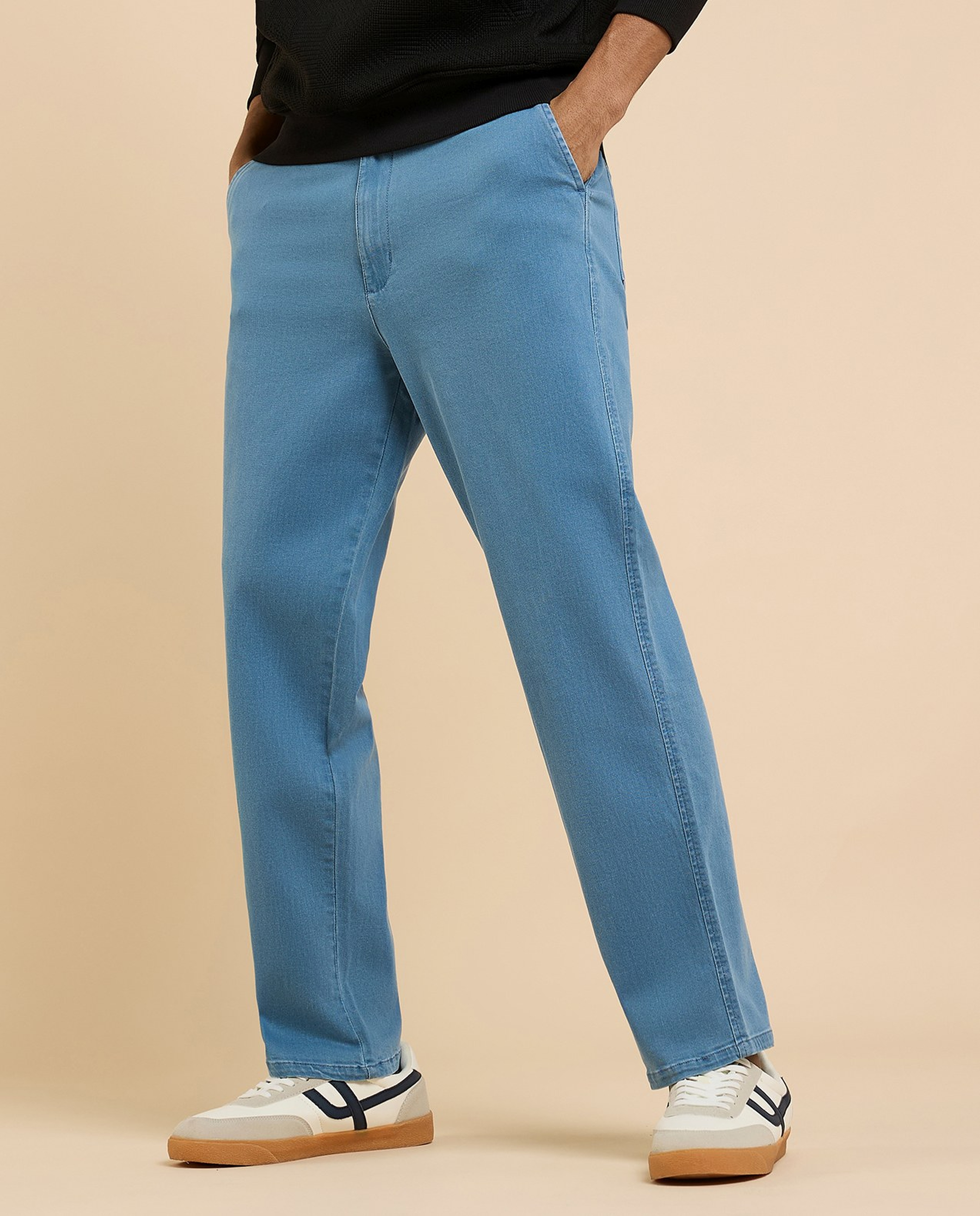 Washed Tapered Fit Jeans with Elastic Waist