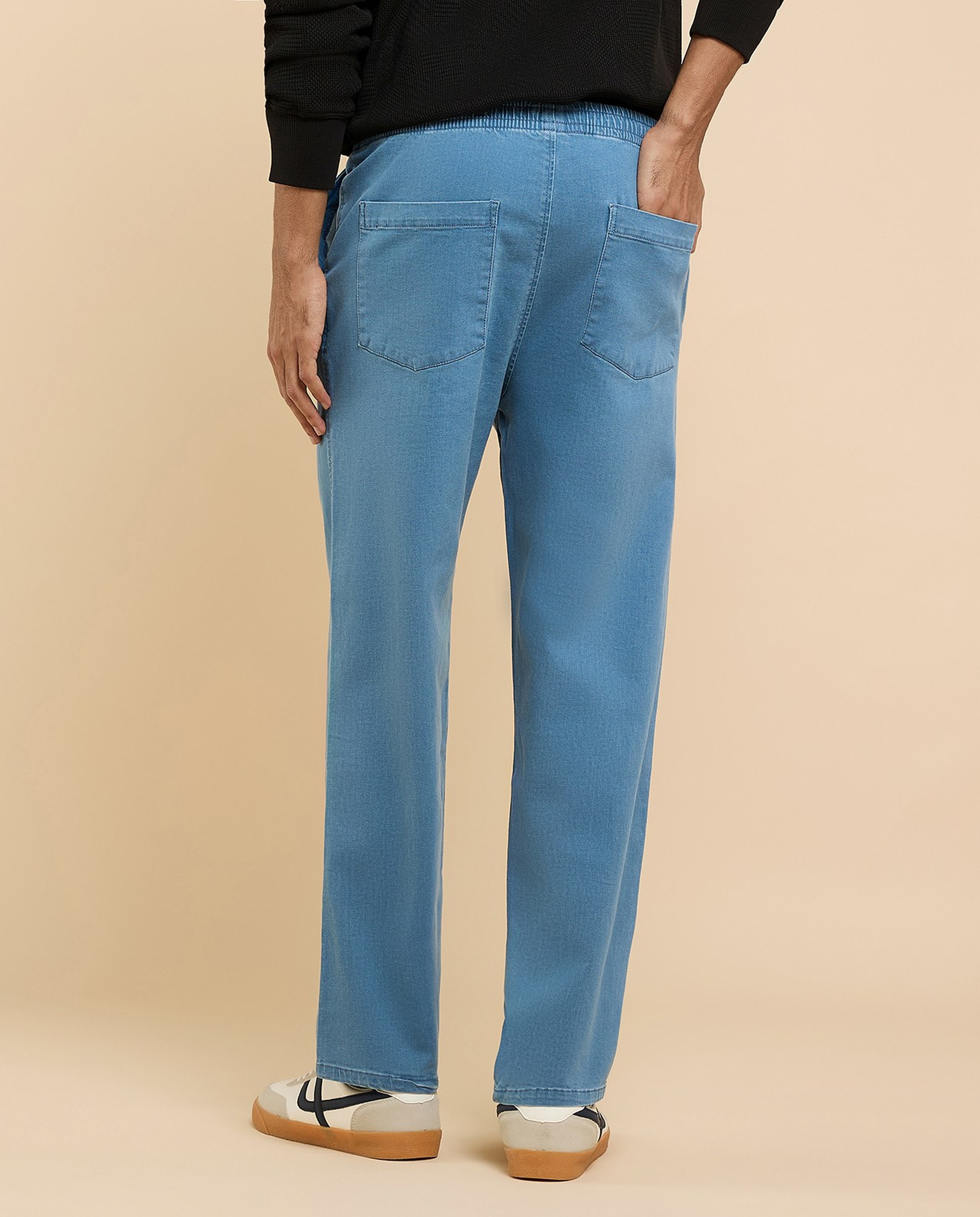 Washed Tapered Fit Jeans with Elastic Waist