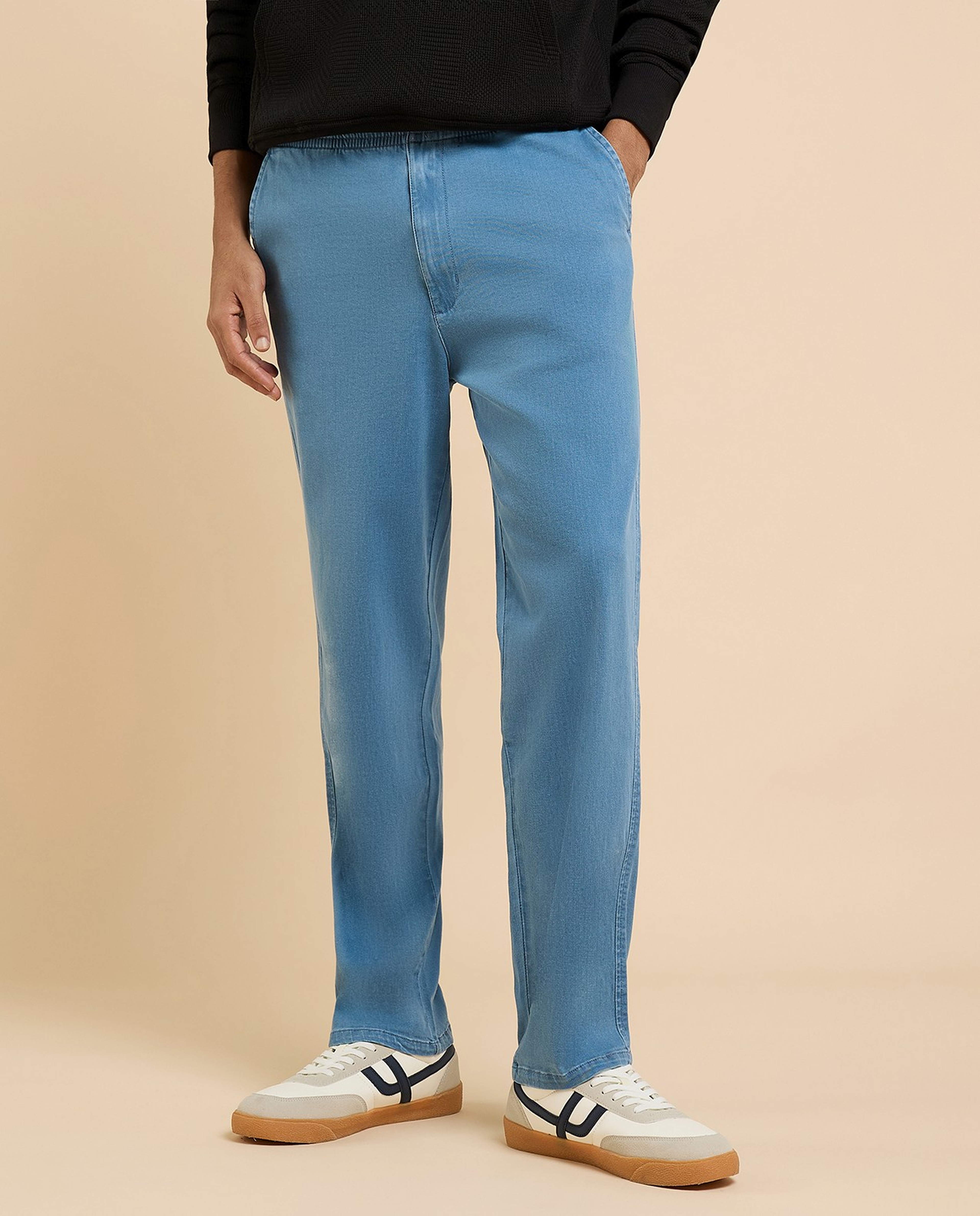 Washed Tapered Fit Jeans with Elastic Waist