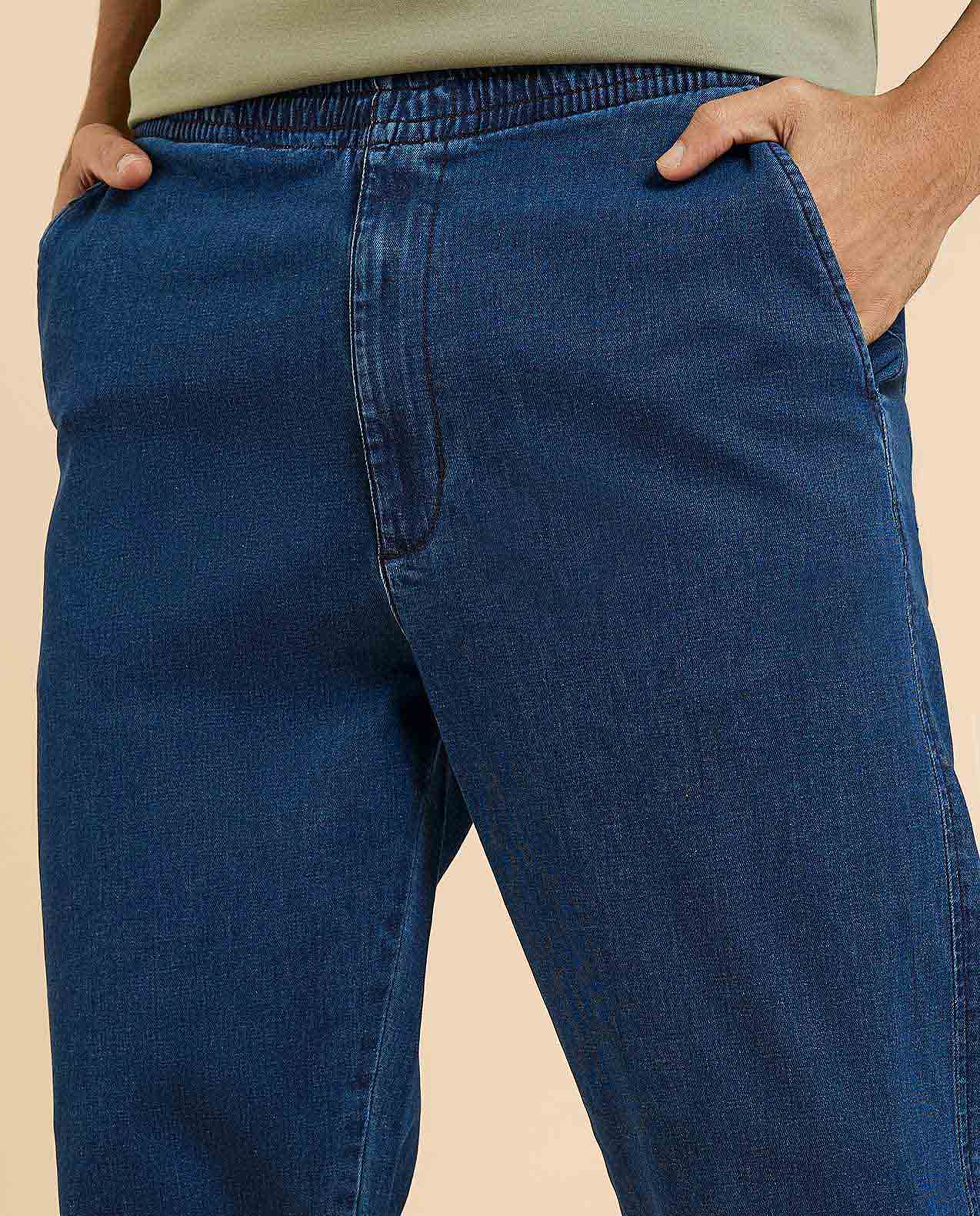 Washed Tapered Fit Jeans with Elastic Waist
