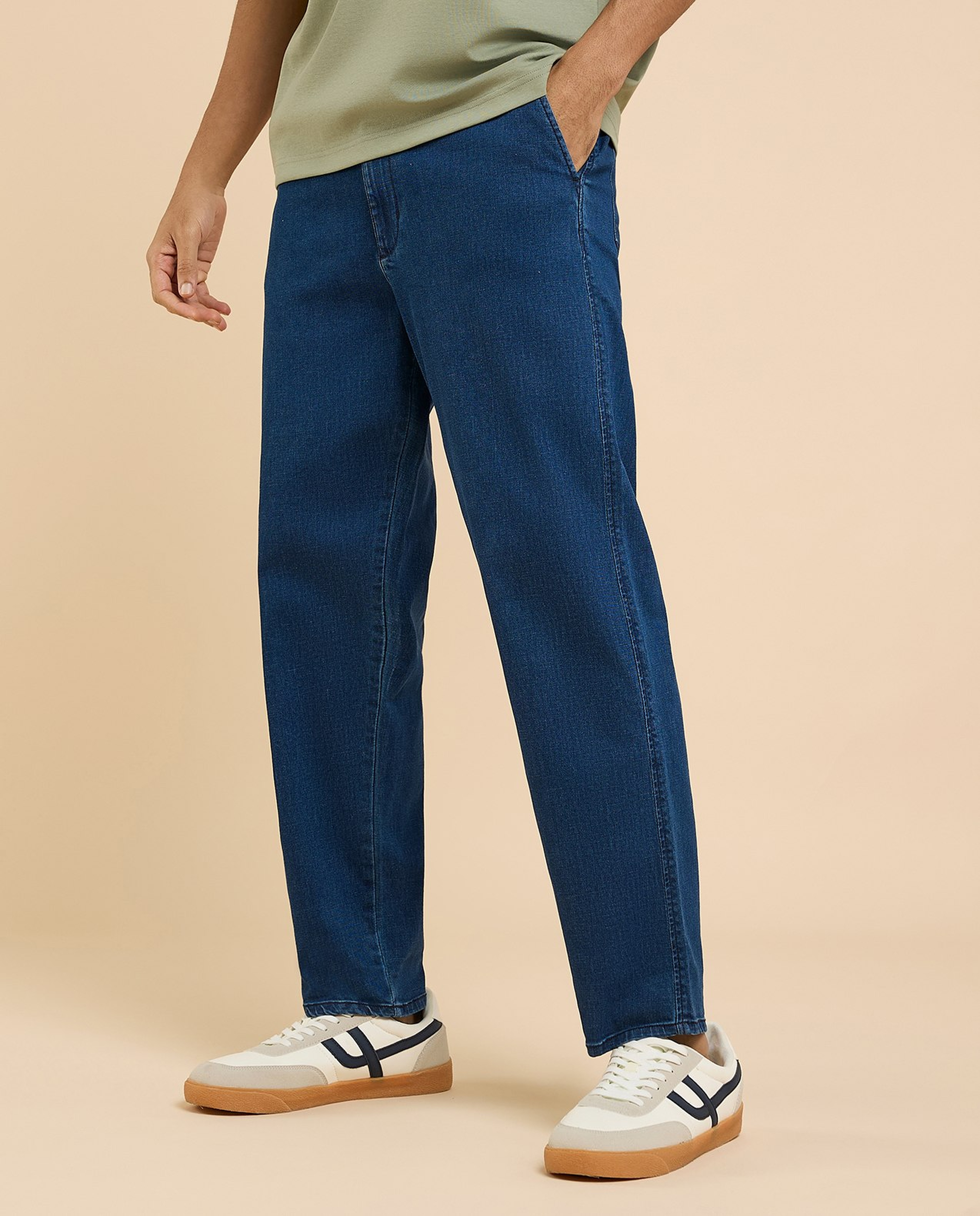 Washed Tapered Fit Jeans with Elastic Waist
