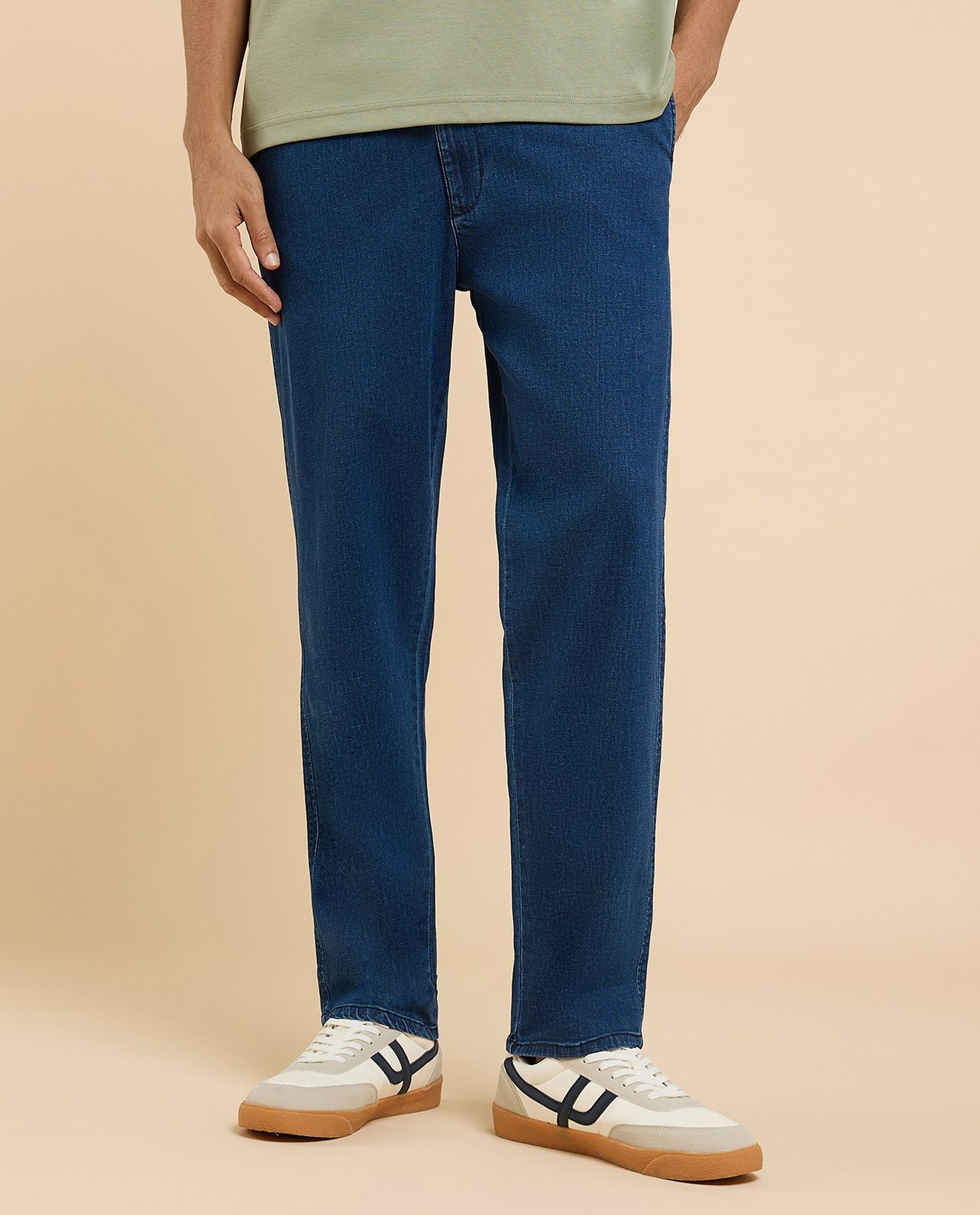 Washed Tapered Fit Jeans with Elastic Waist