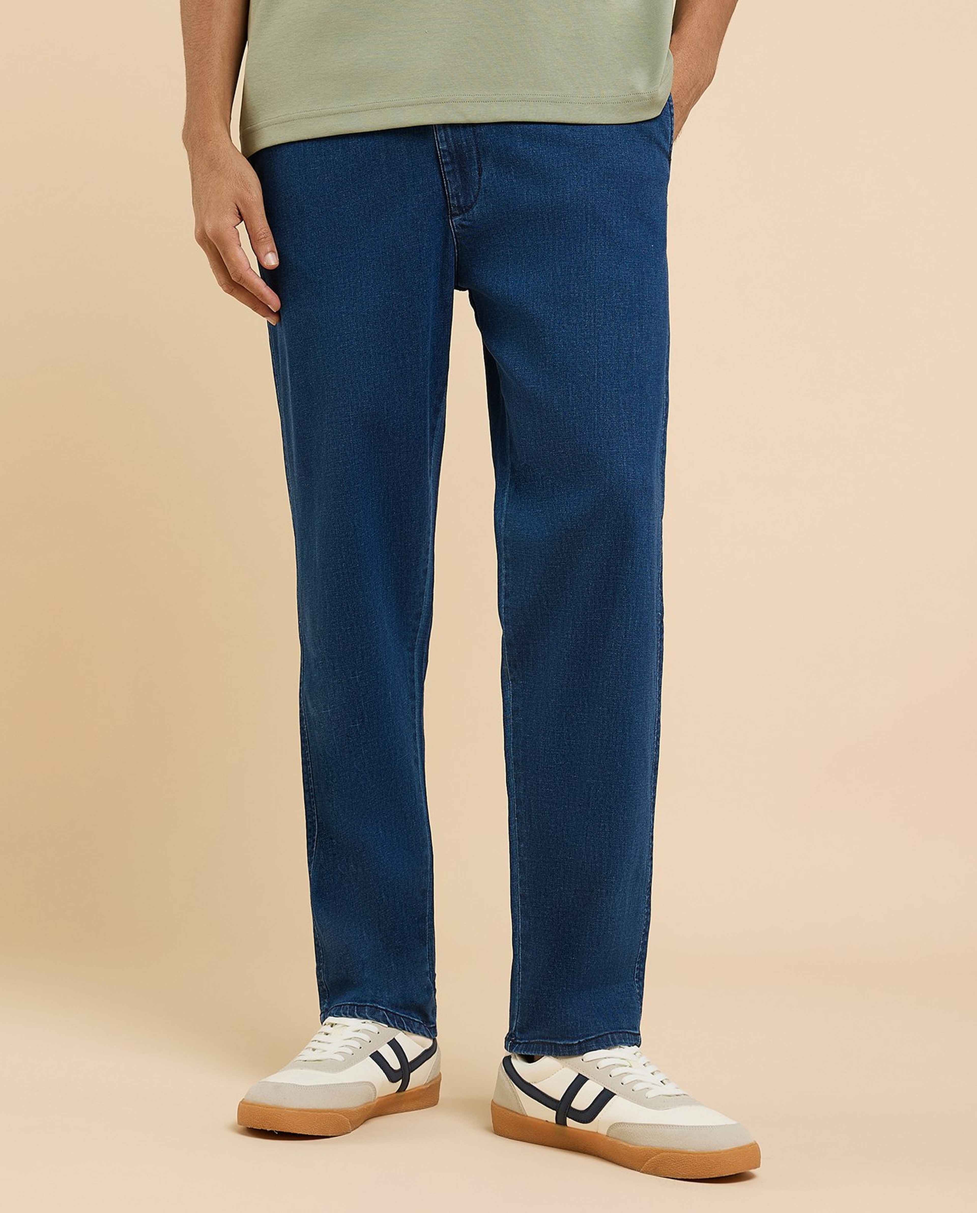 Washed Tapered Fit Jeans with Elastic Waist