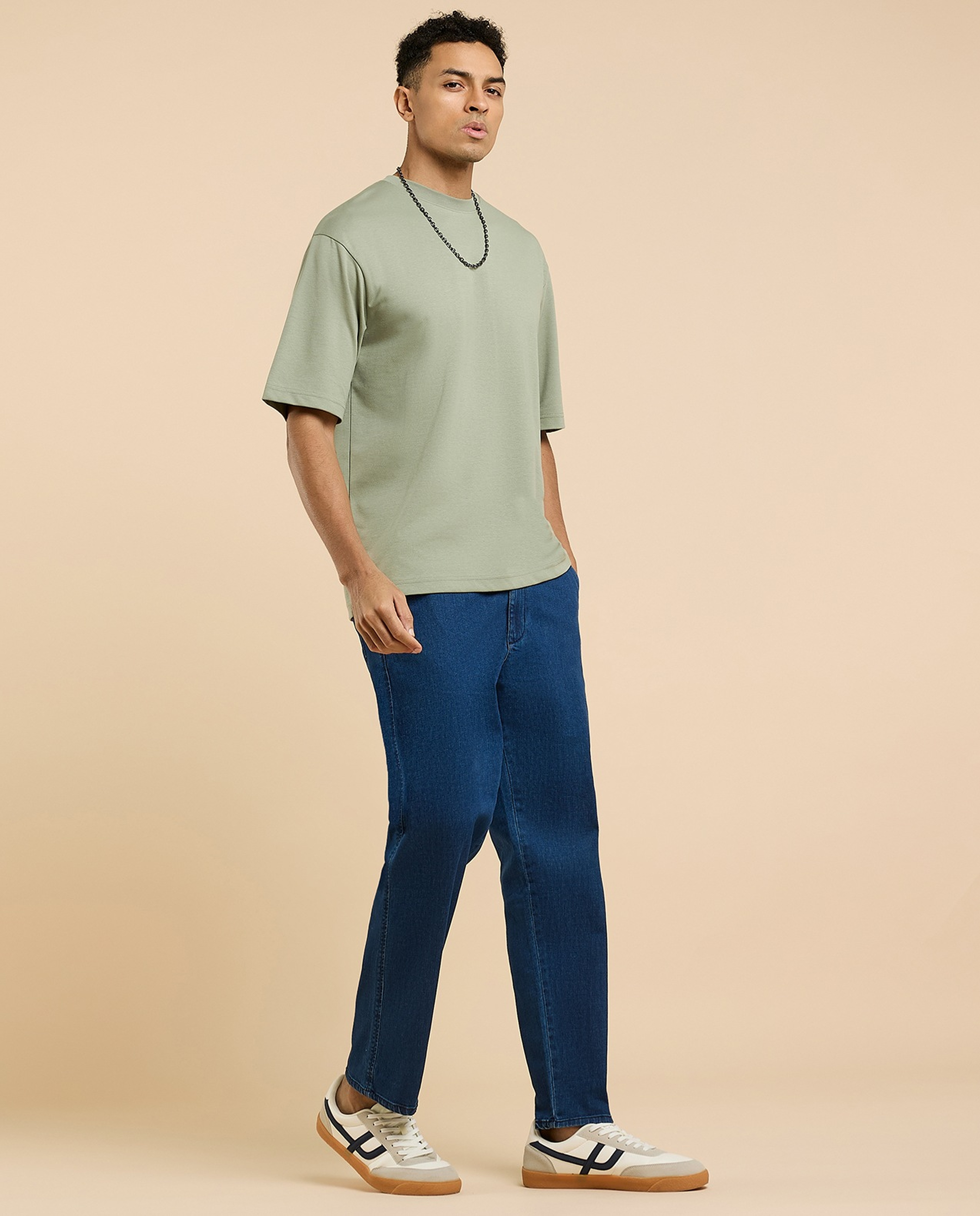 Washed Tapered Fit Jeans with Elastic Waist