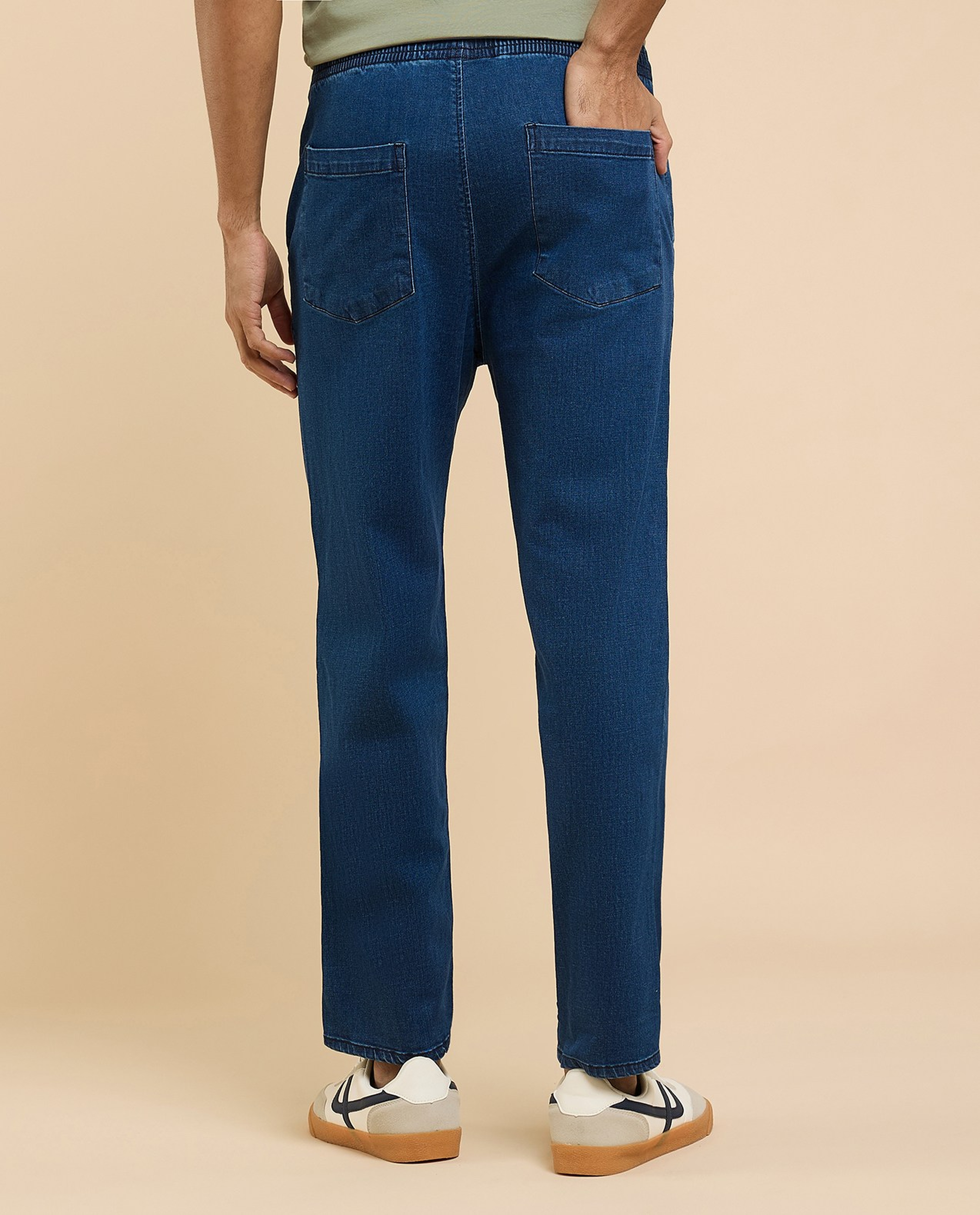 Washed Tapered Fit Jeans with Elastic Waist