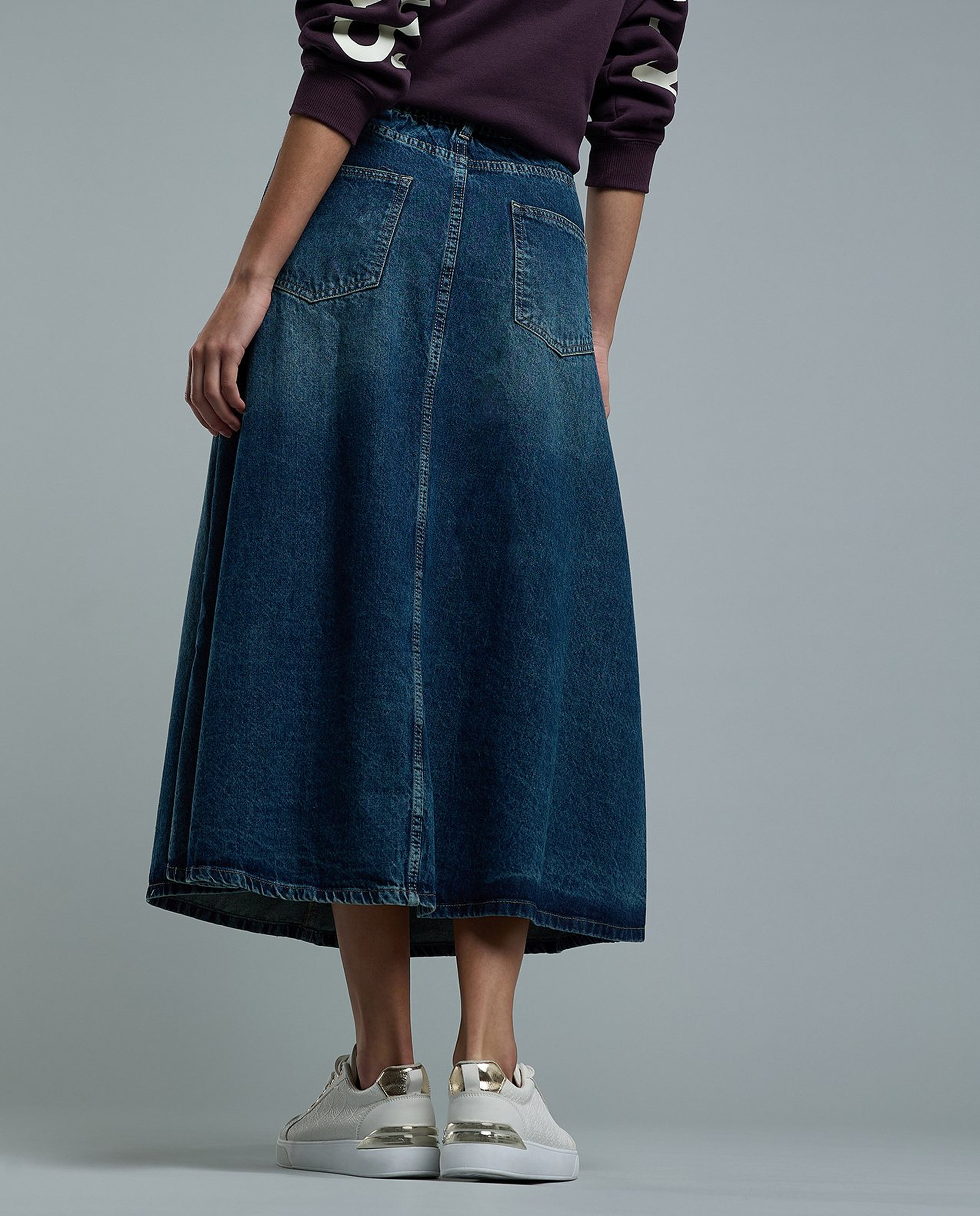 Faded Denim Midi Skirt with Button Closure