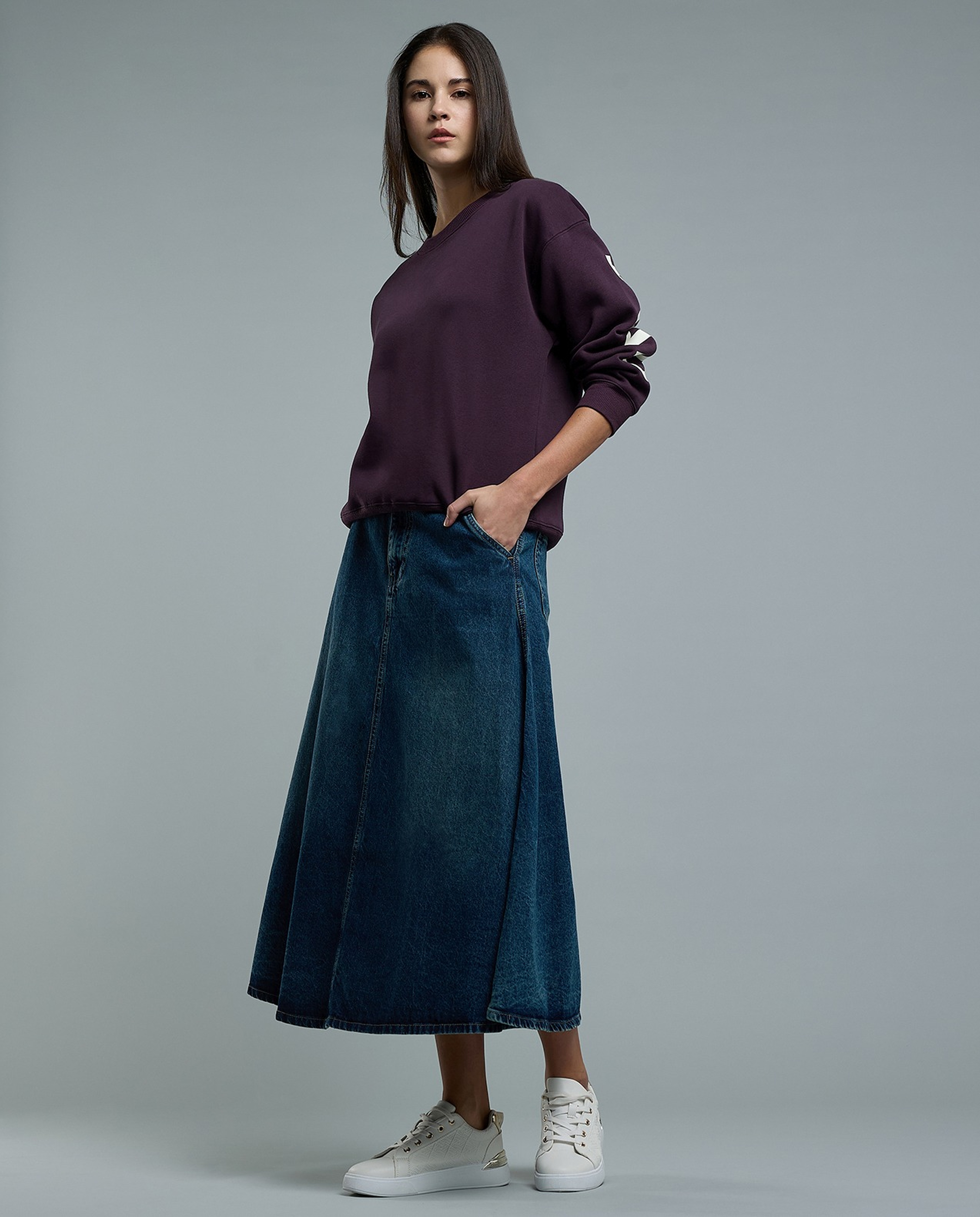 Faded Denim Midi Skirt with Button Closure