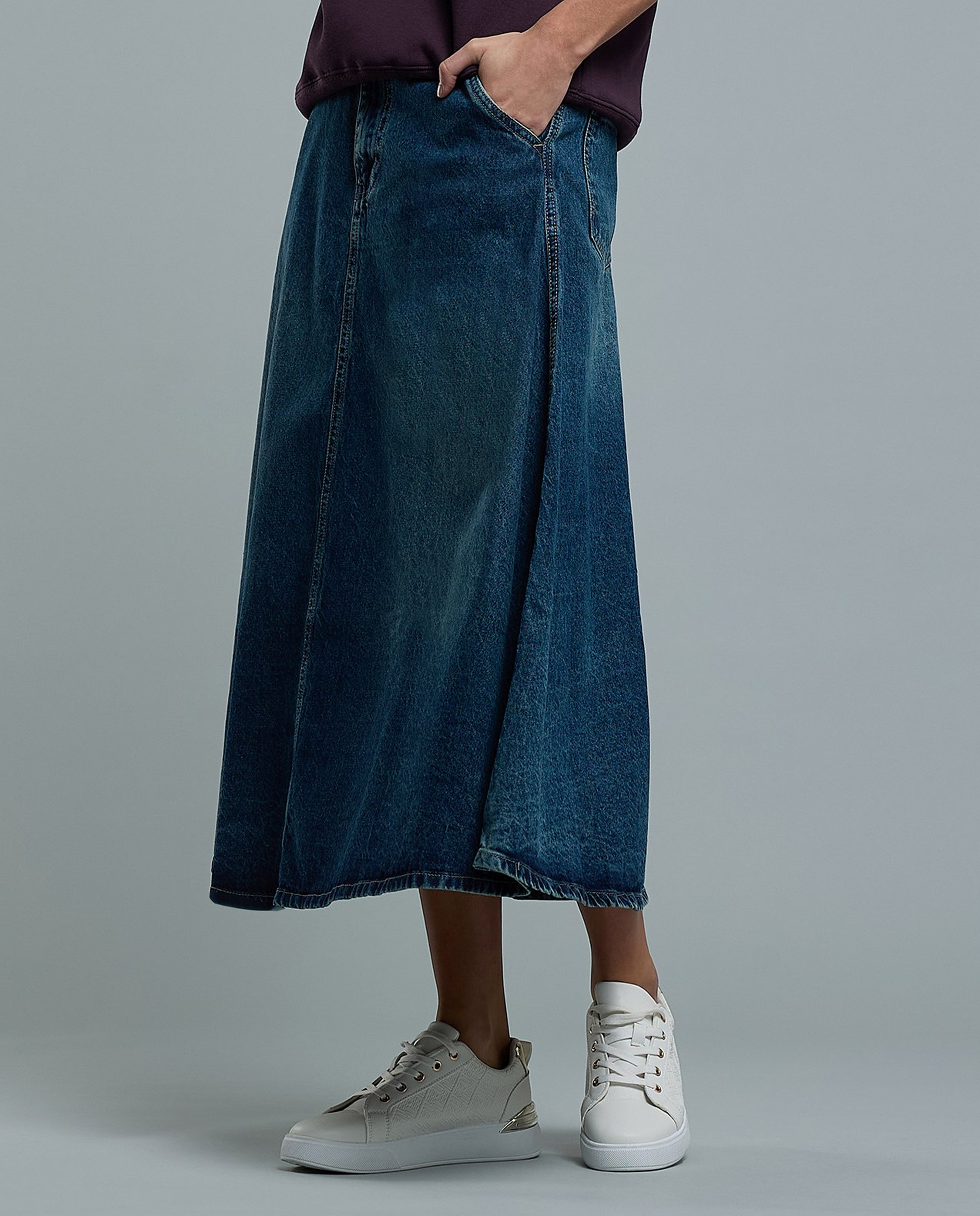 Faded Denim Midi Skirt with Button Closure