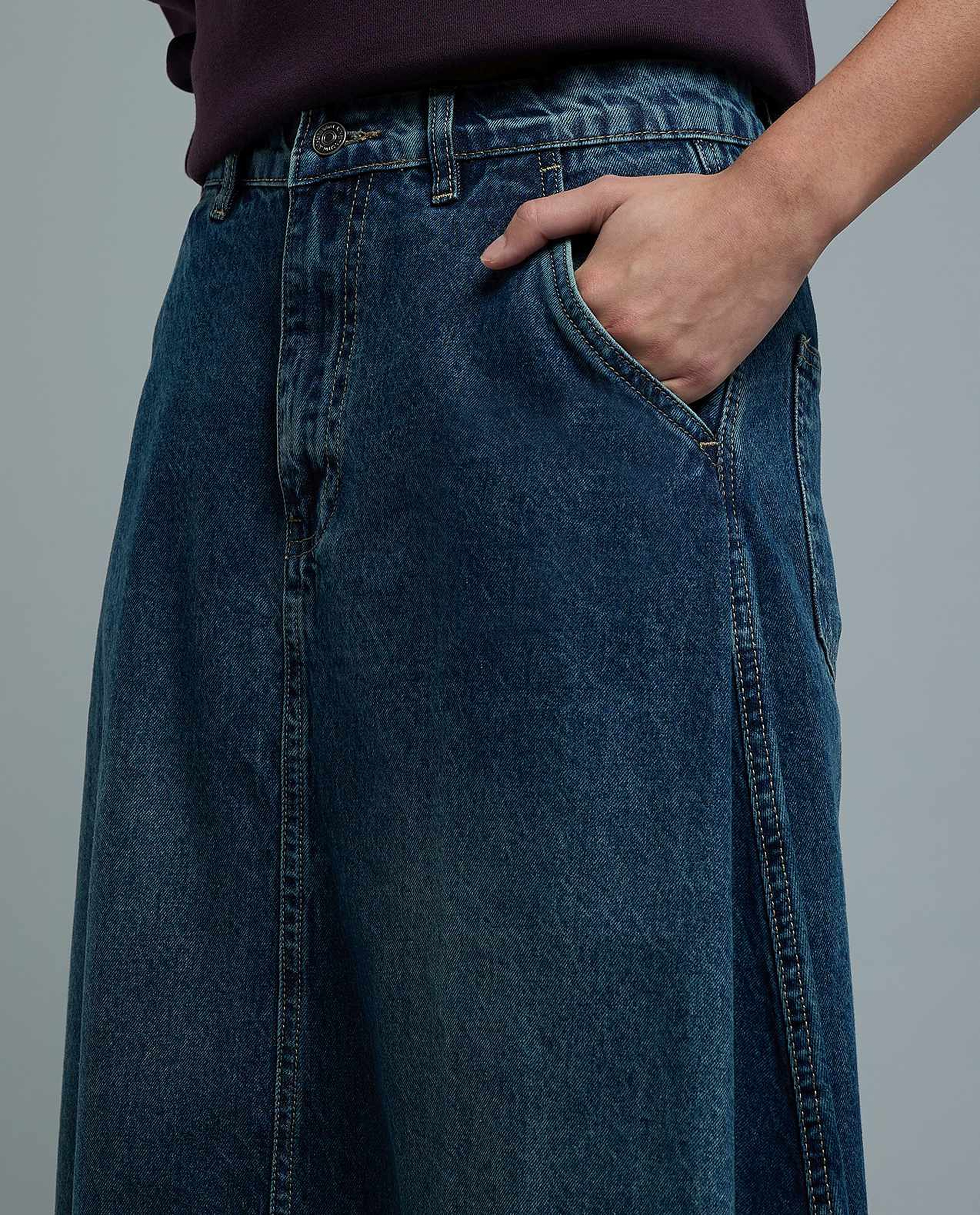 Faded Denim Midi Skirt with Button Closure