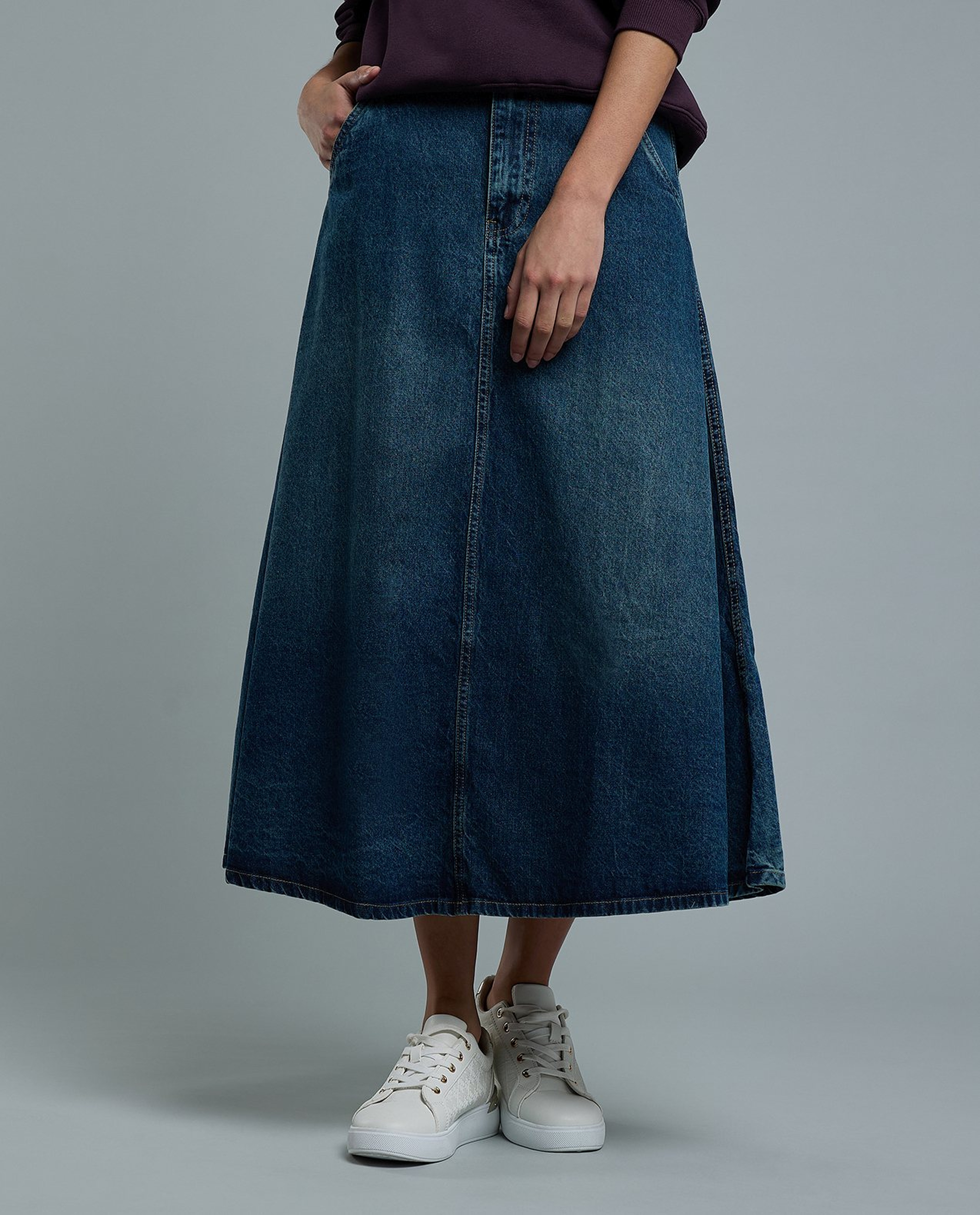 Faded Denim Midi Skirt with Button Closure