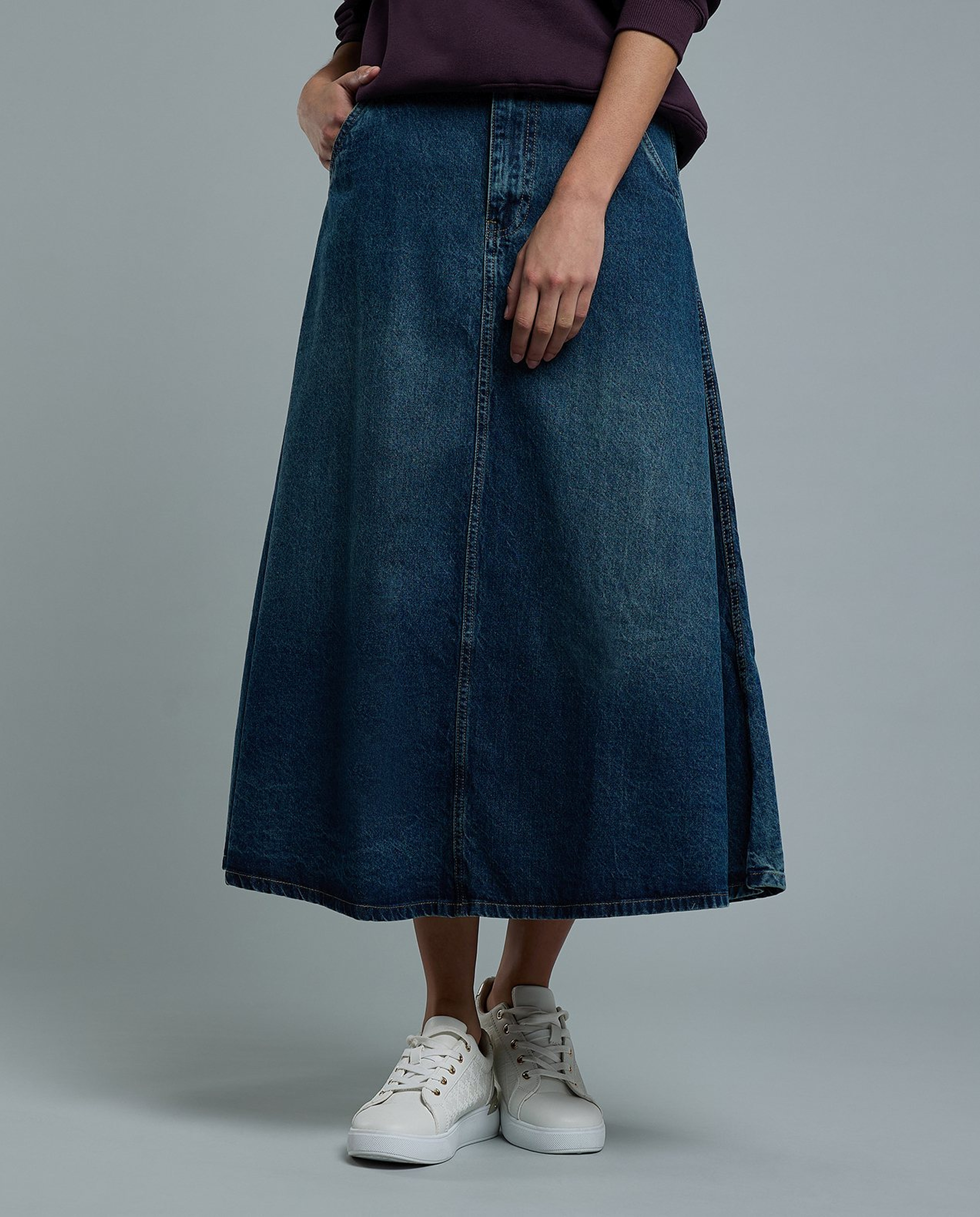 Faded Denim Midi Skirt with Button Closure