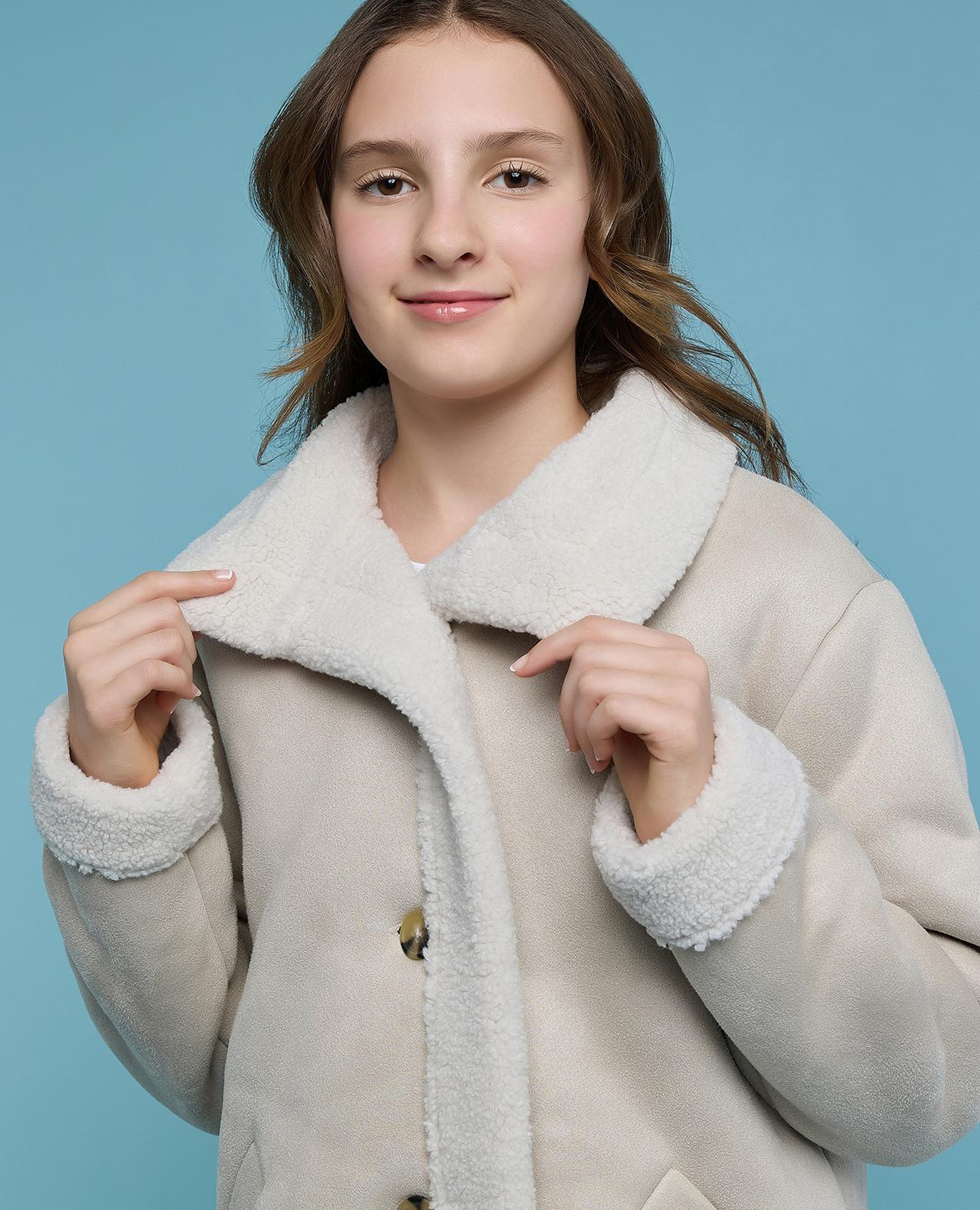 Button Detail Sherpa Jacket with Collar and Long Sleeves