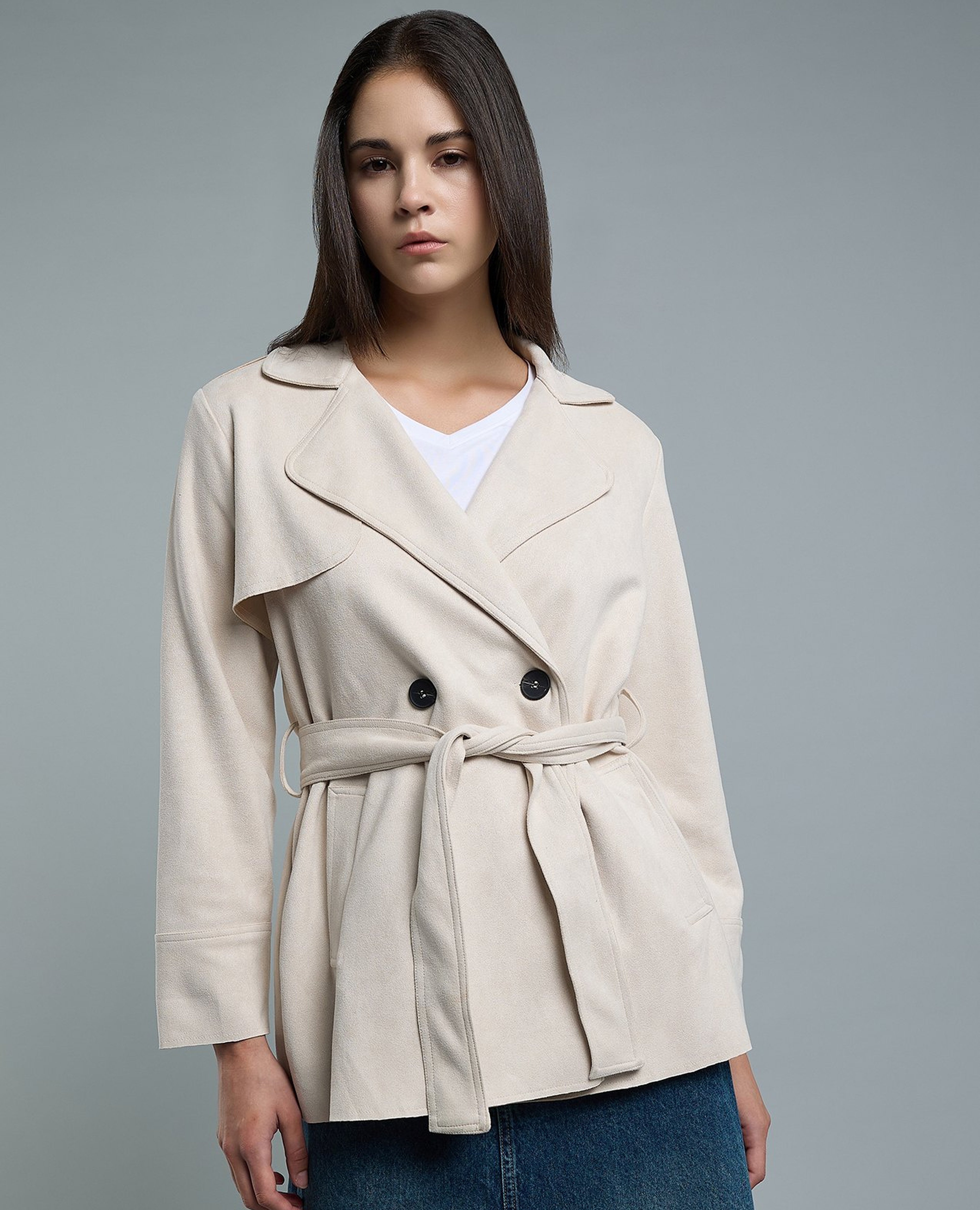 Solid Double Breasted Jacket with Button Closure