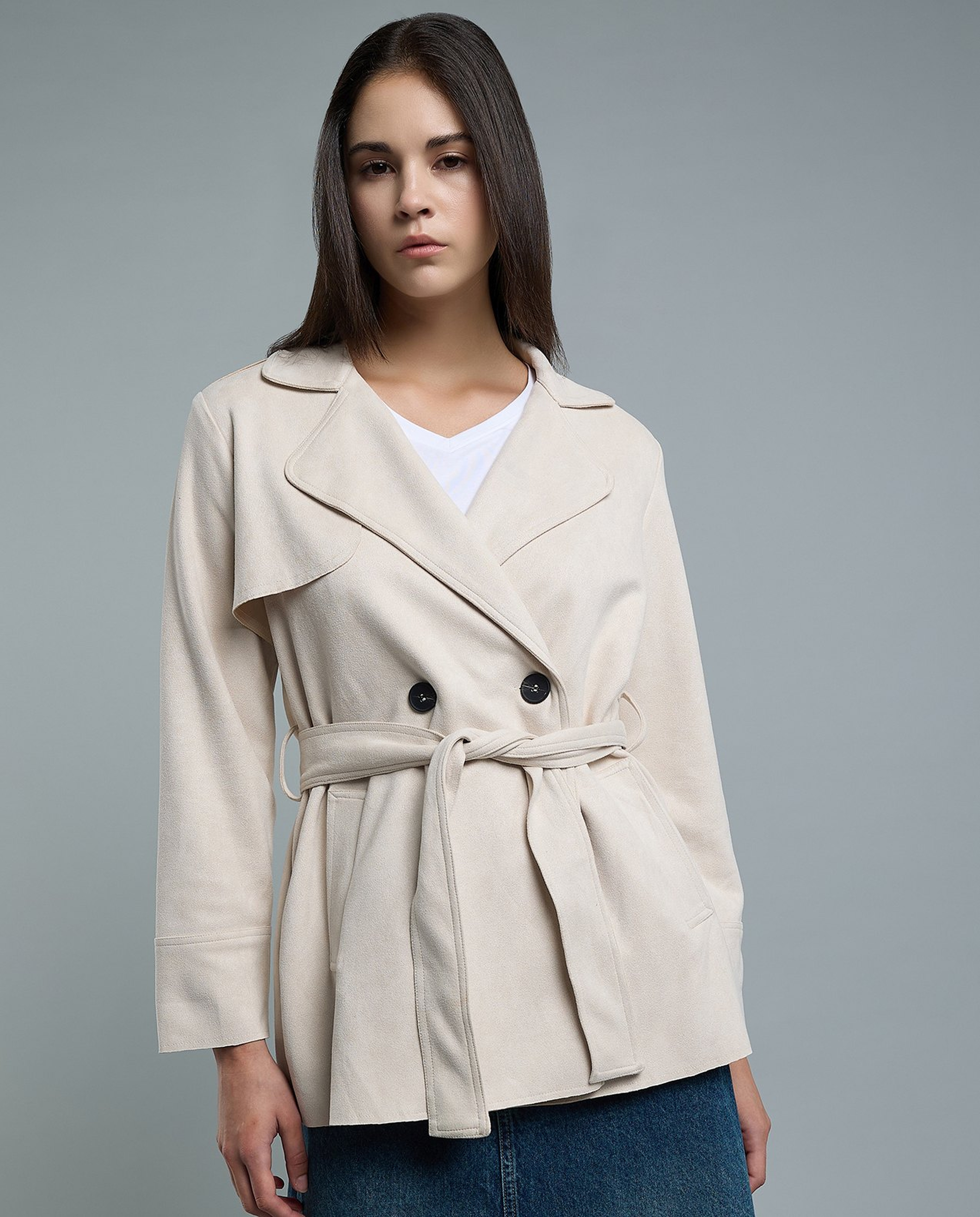 Solid Double Breasted Jacket with Button Closure