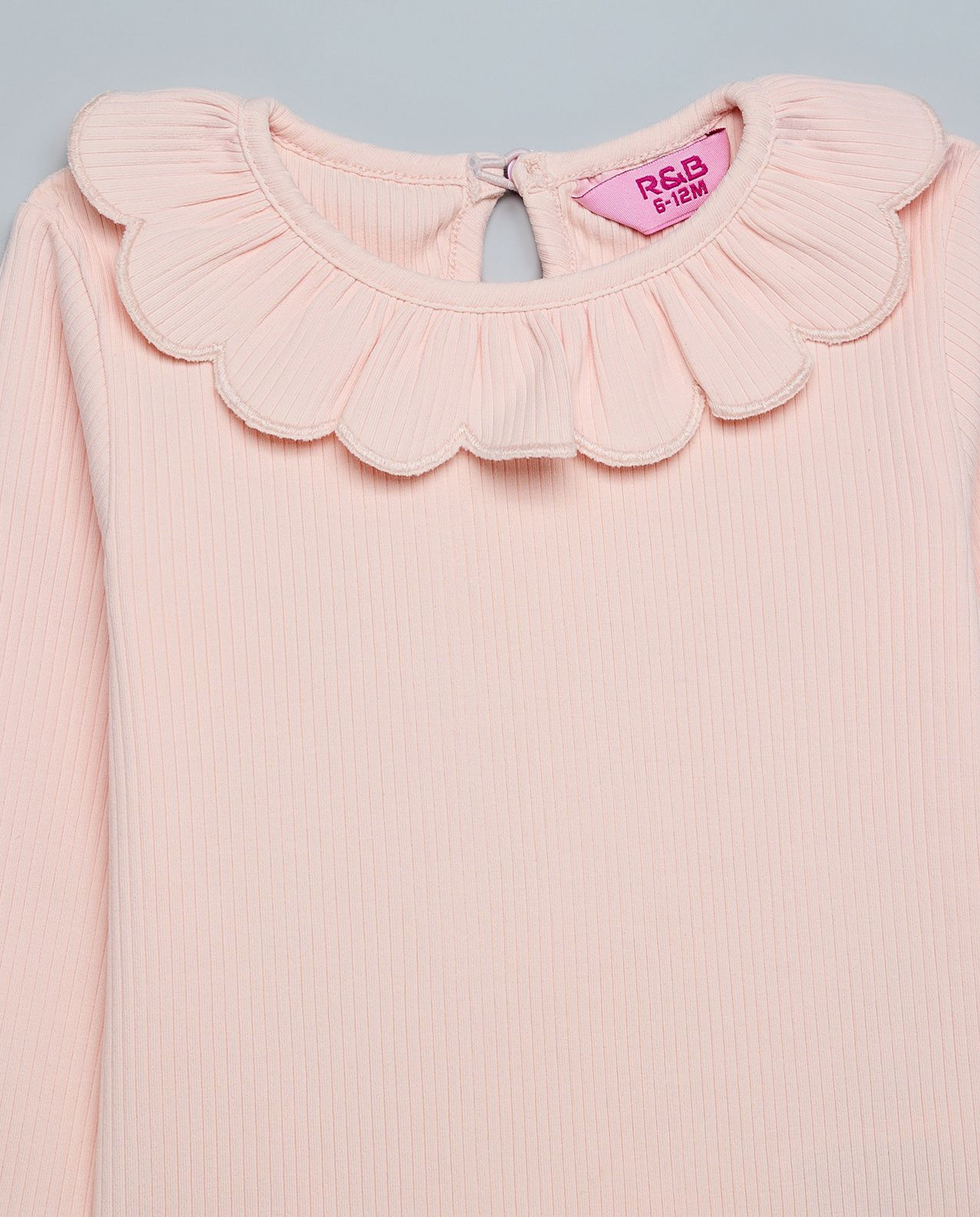 Ribbed Top with Collared Neck and Long Sleeves