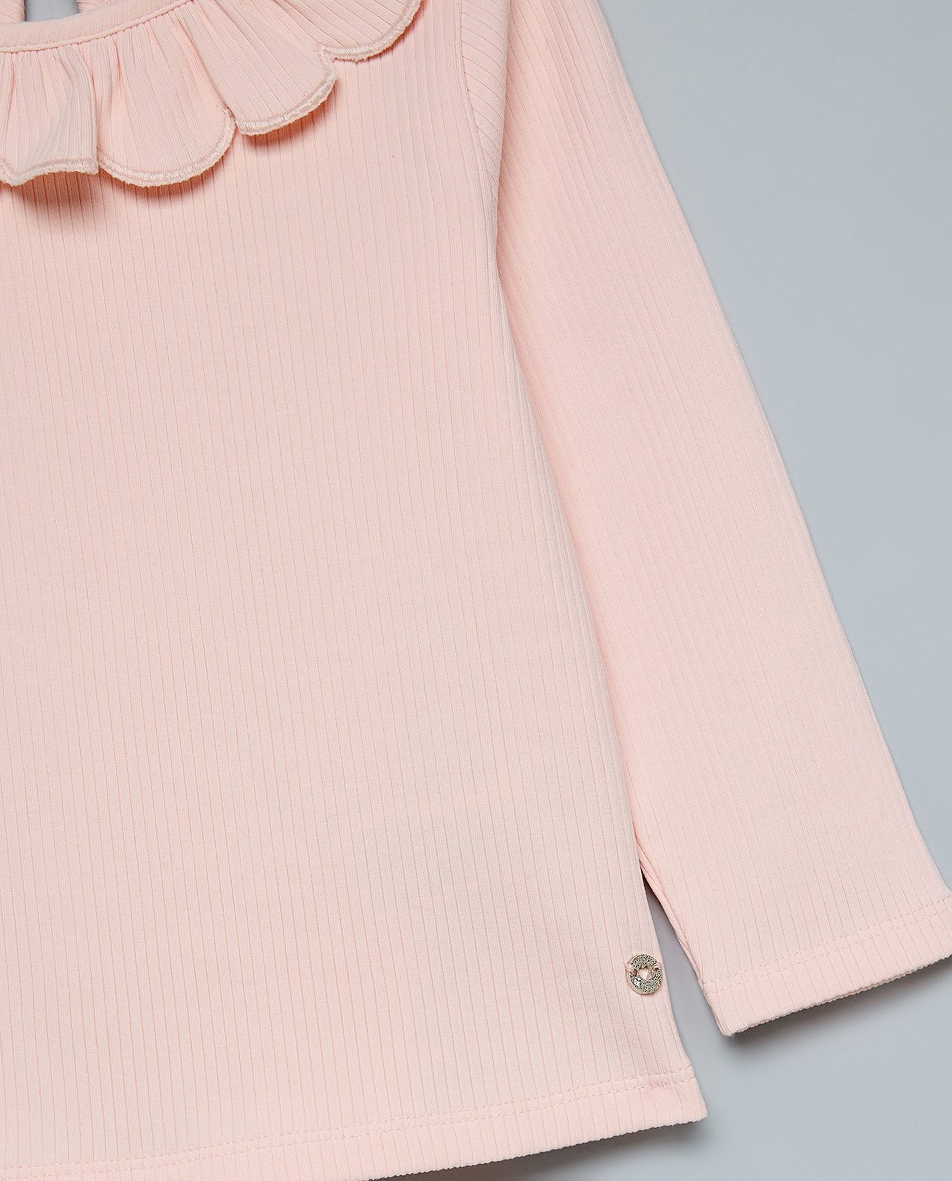 Ribbed Top with Collared Neck and Long Sleeves