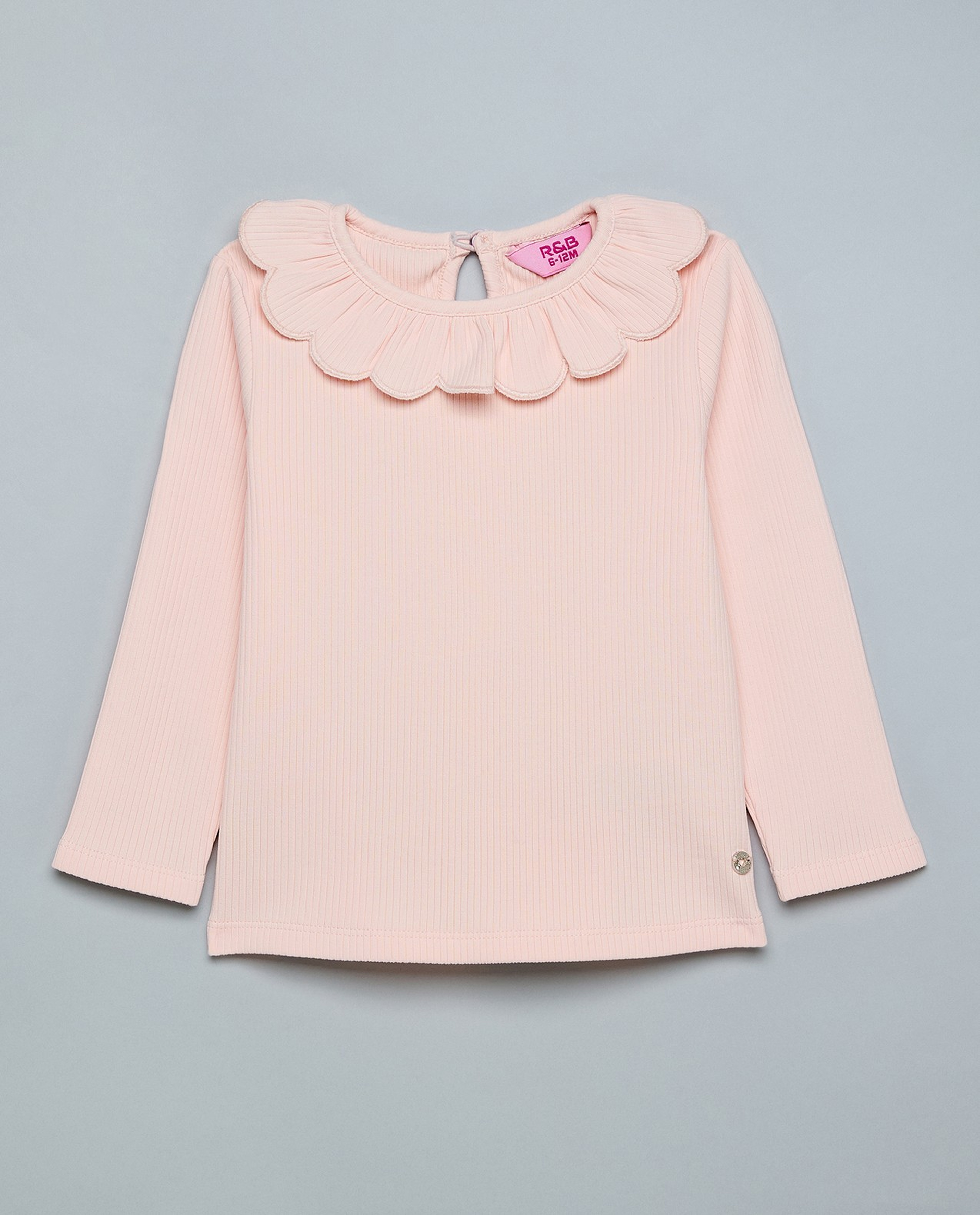 Ribbed Top with Collared Neck and Long Sleeves