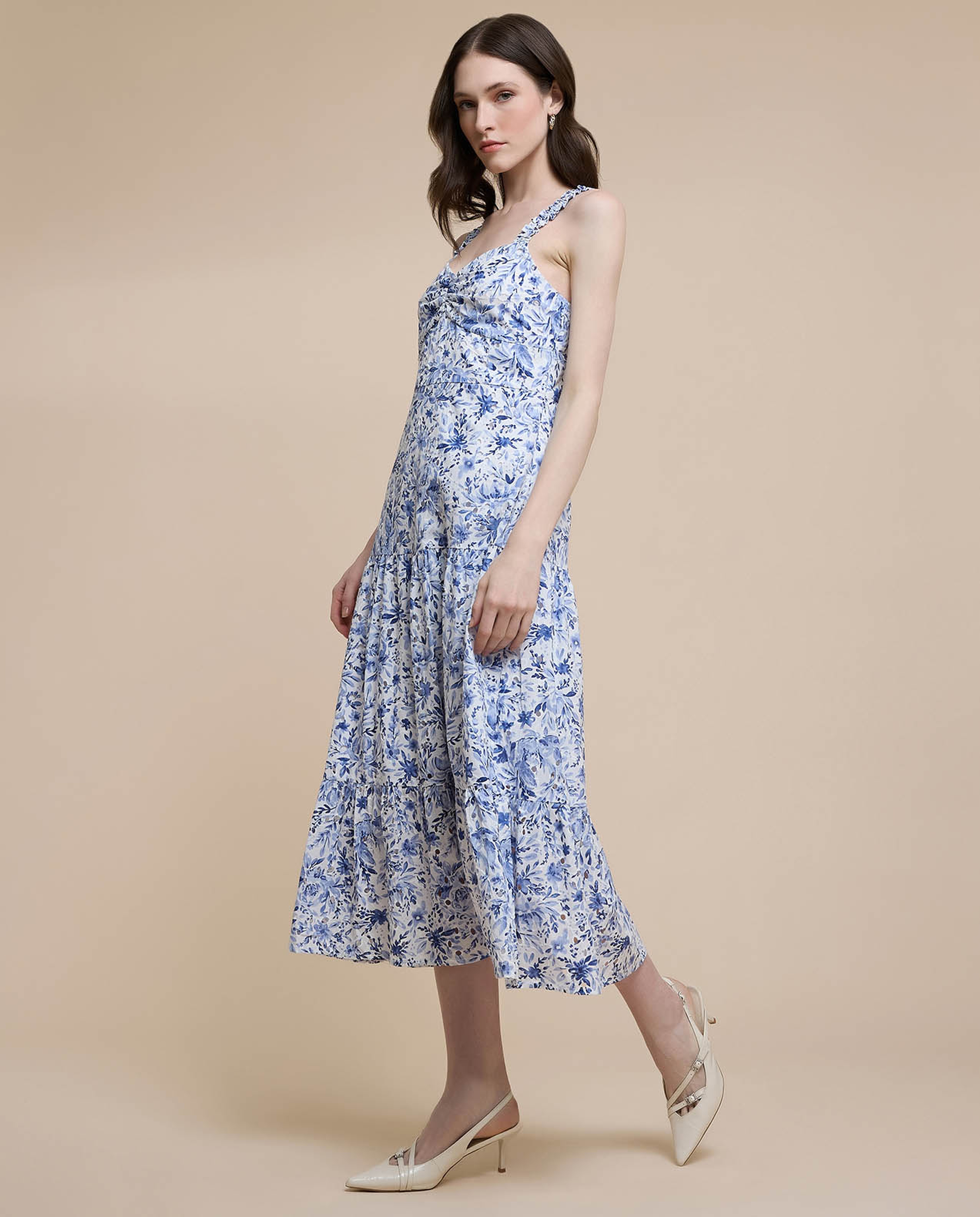 Printed Sleeveless Midi Dress with Sweatheart Neck
