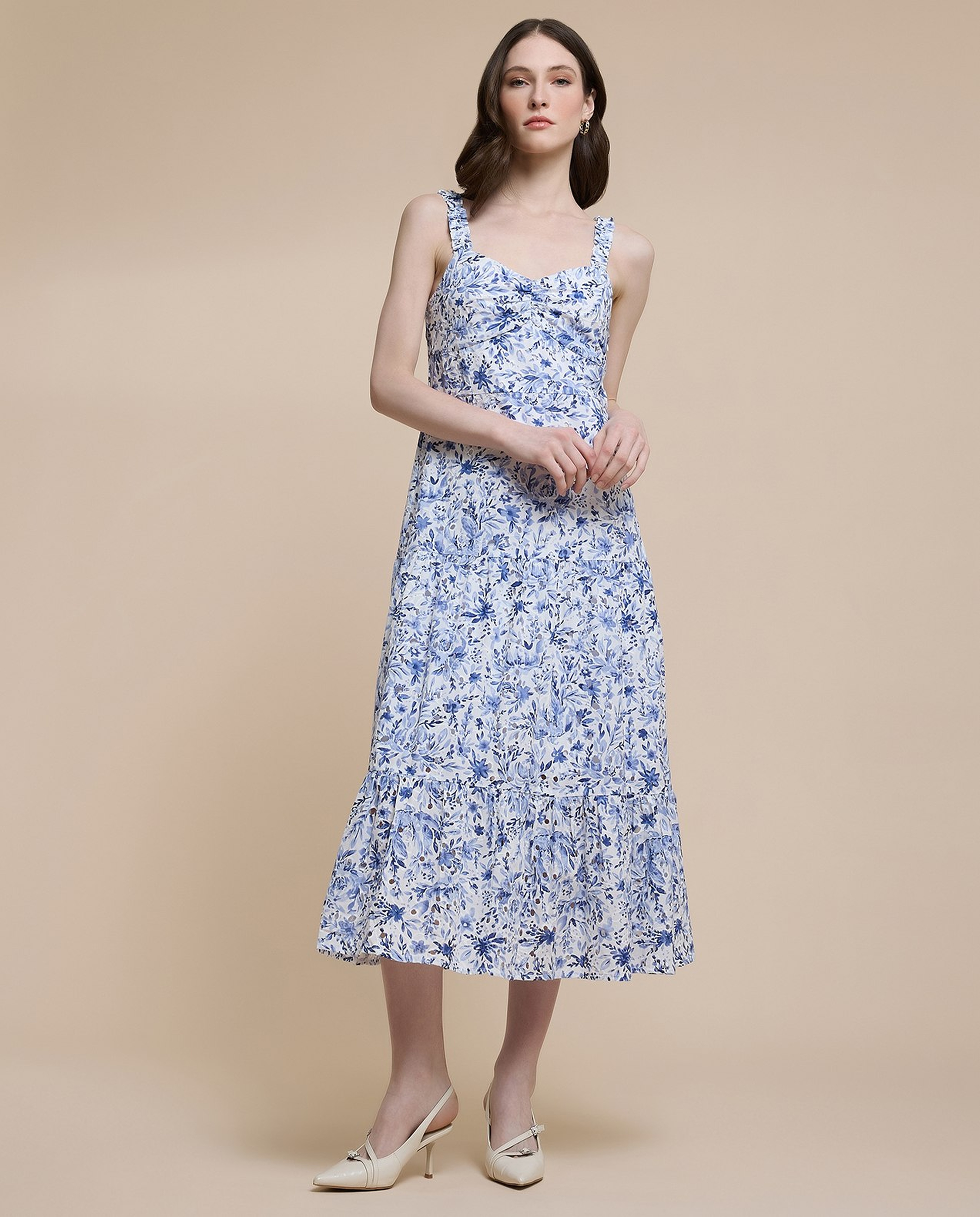 Printed Sleeveless Midi Dress with Sweatheart Neck