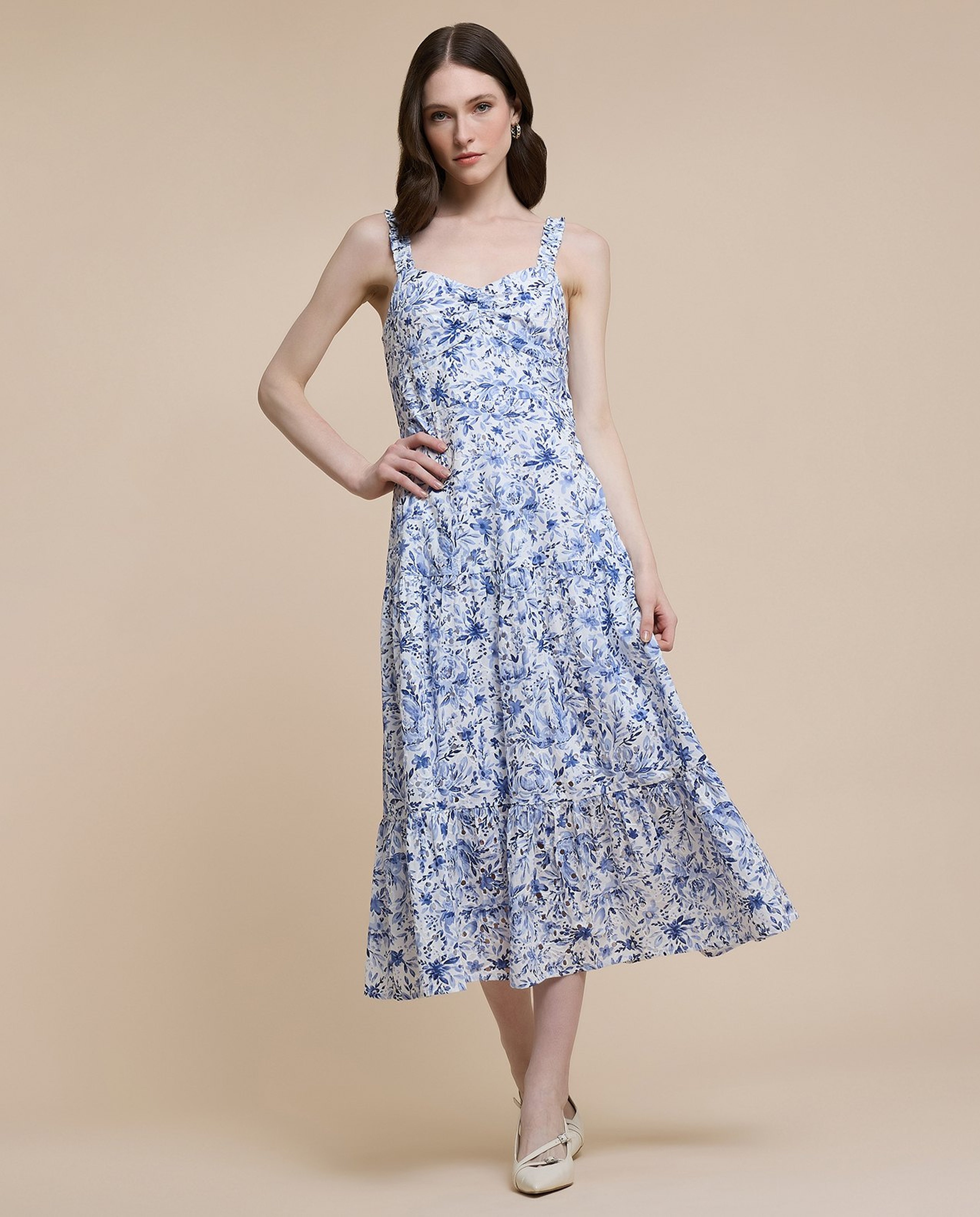 Printed Sleeveless Midi Dress with Sweatheart Neck