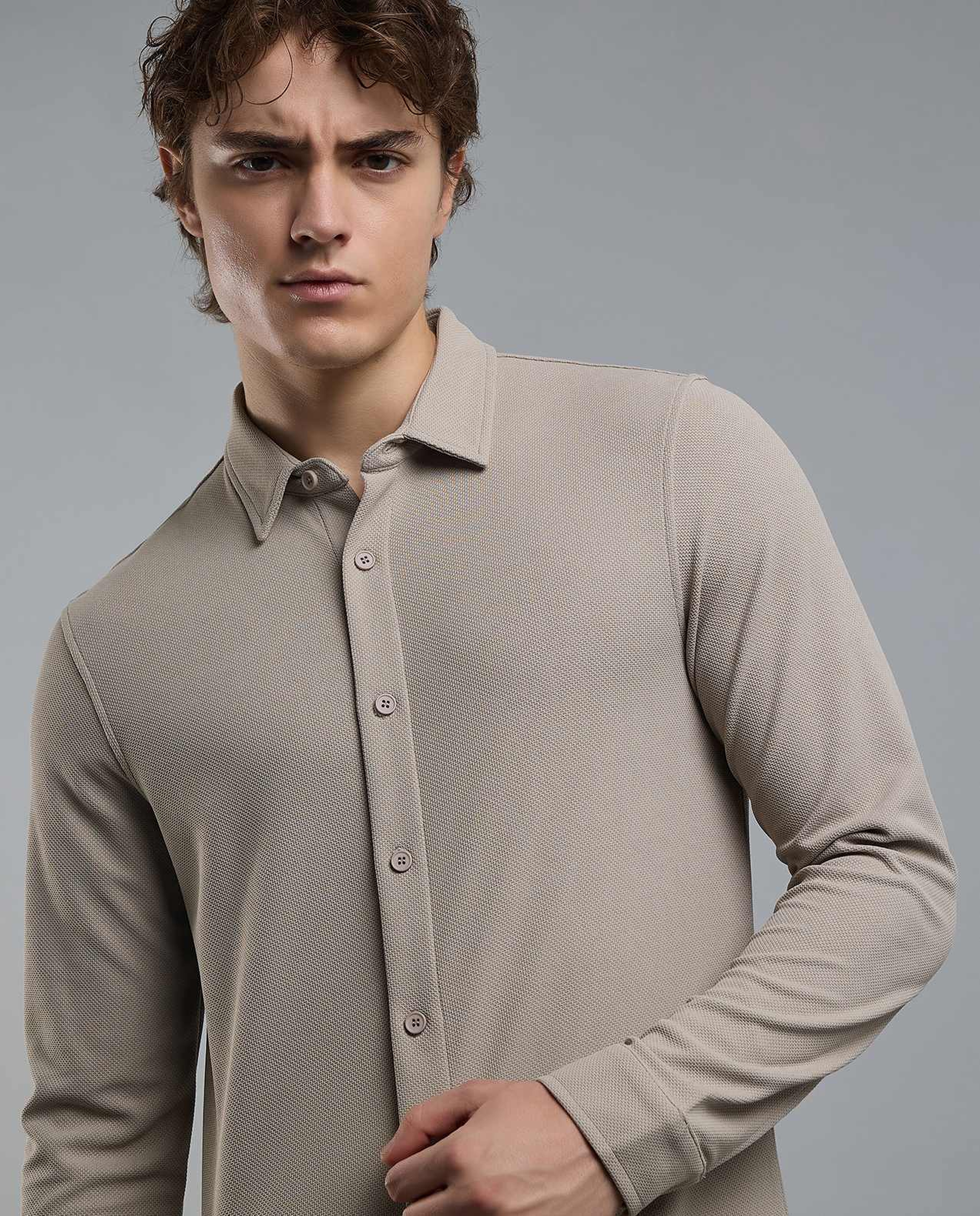 Solid Shirt with Classic Collar and Long Sleeves