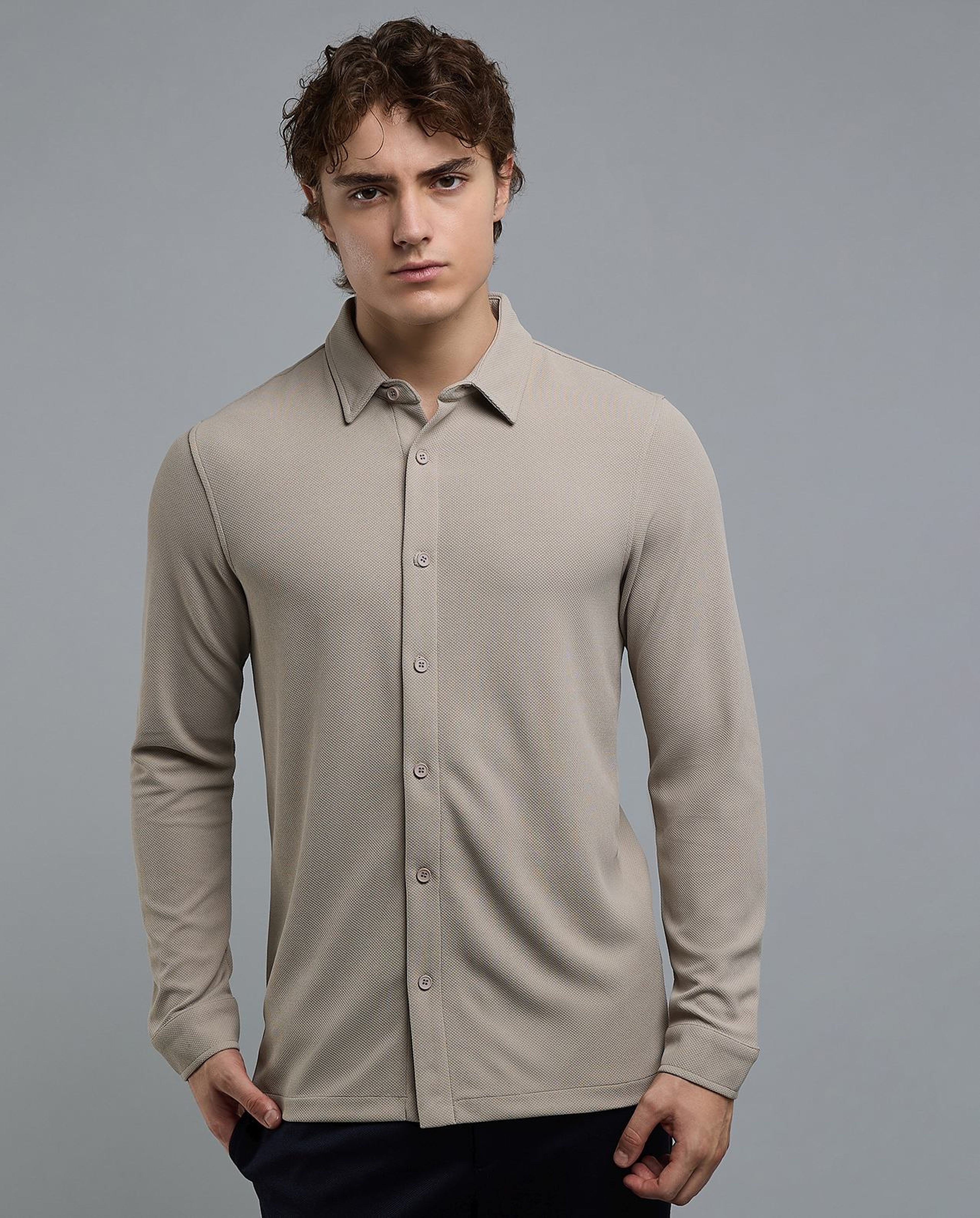 Solid Shirt with Classic Collar and Long Sleeves