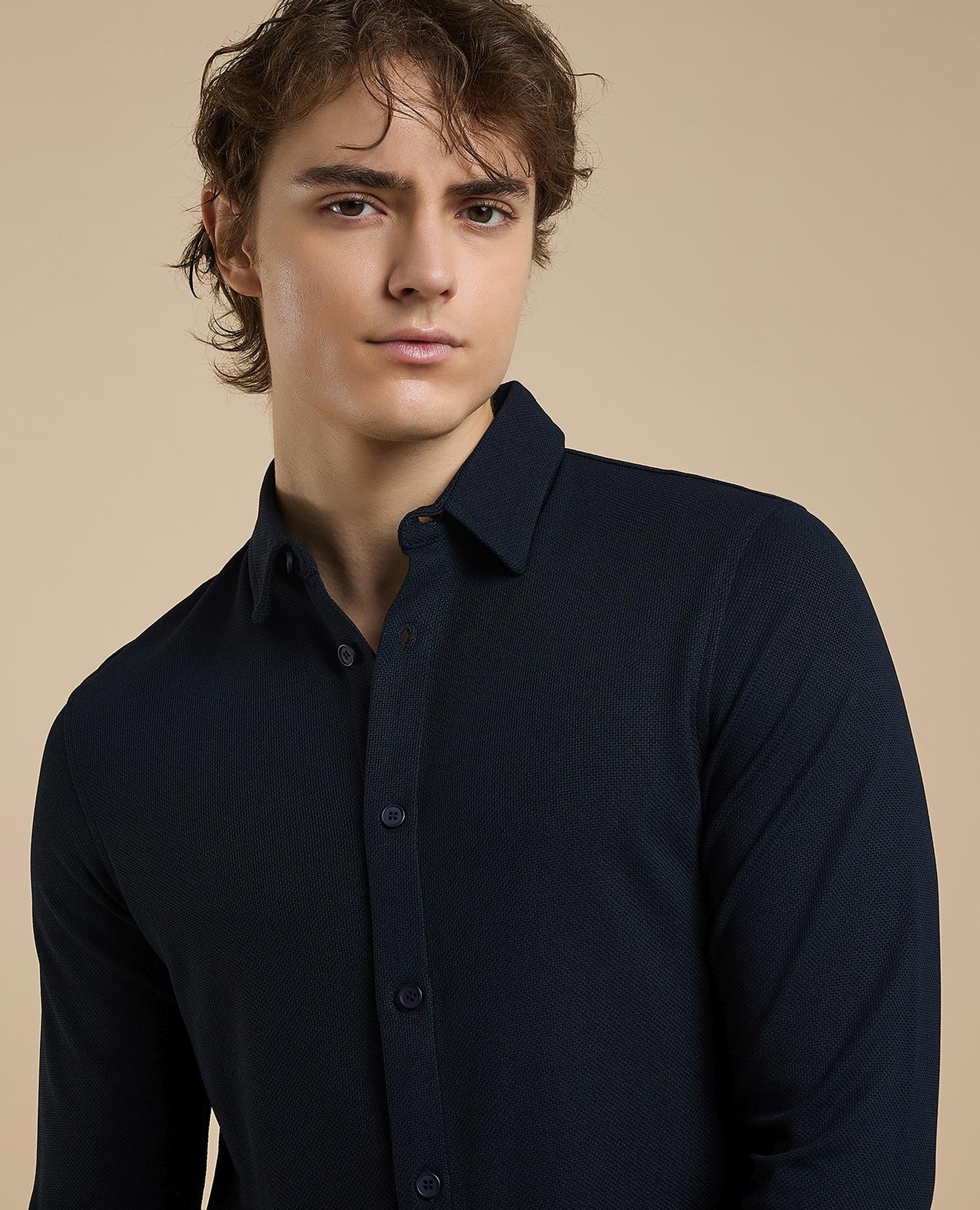 Solid Shirt with Classic Collar and Long Sleeves