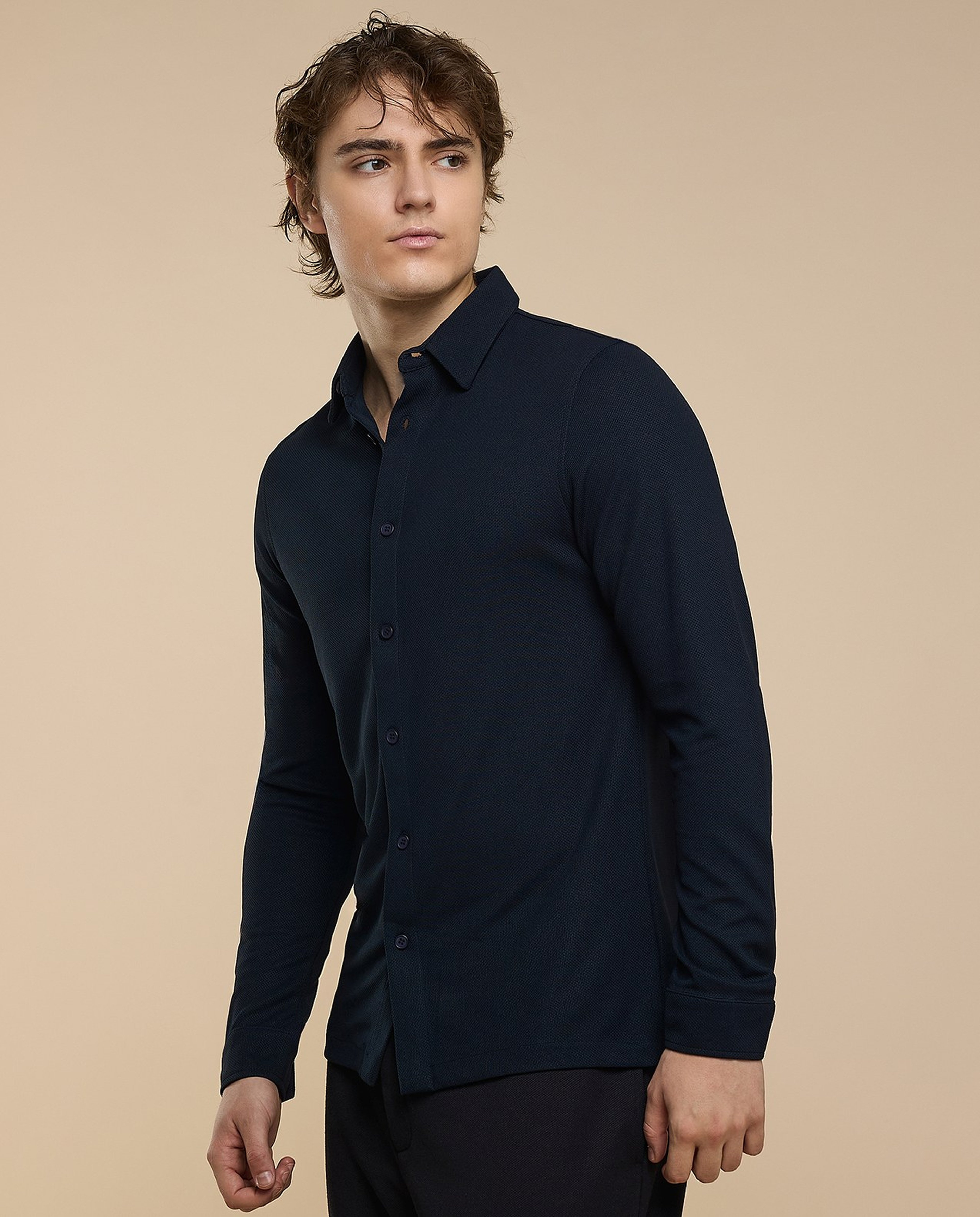 Solid Shirt with Classic Collar and Long Sleeves