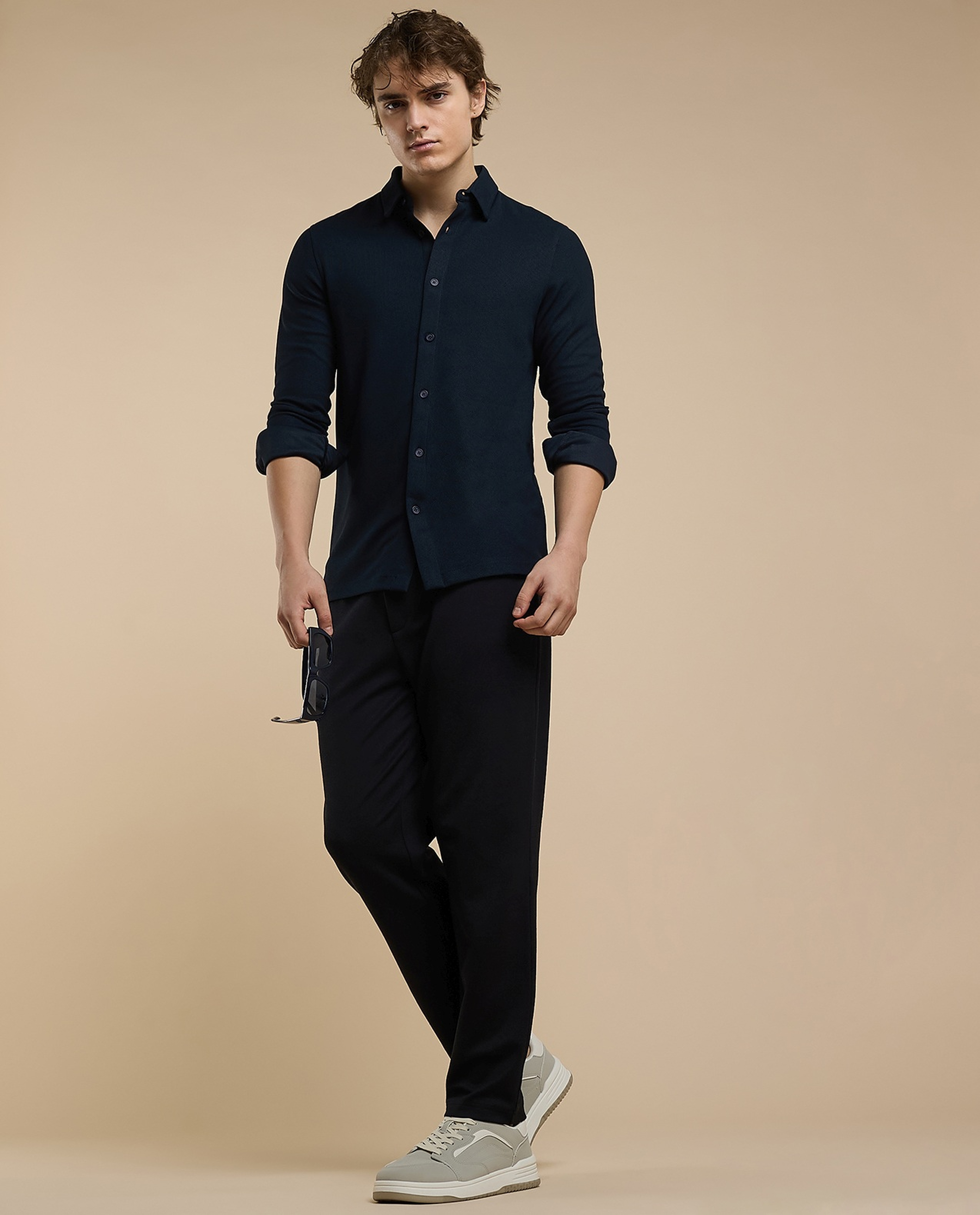 Solid Shirt with Classic Collar and Long Sleeves