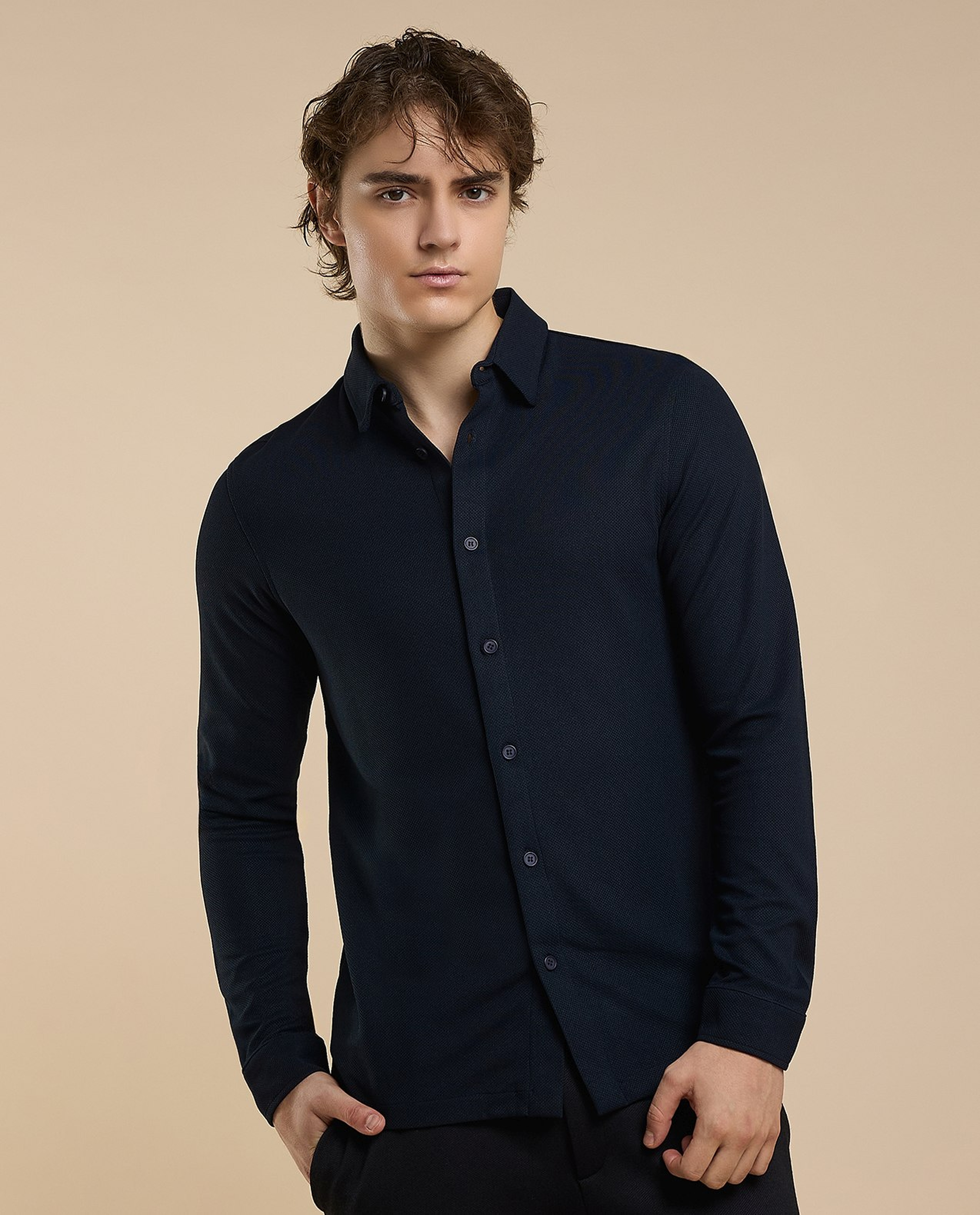 Solid Shirt with Classic Collar and Long Sleeves