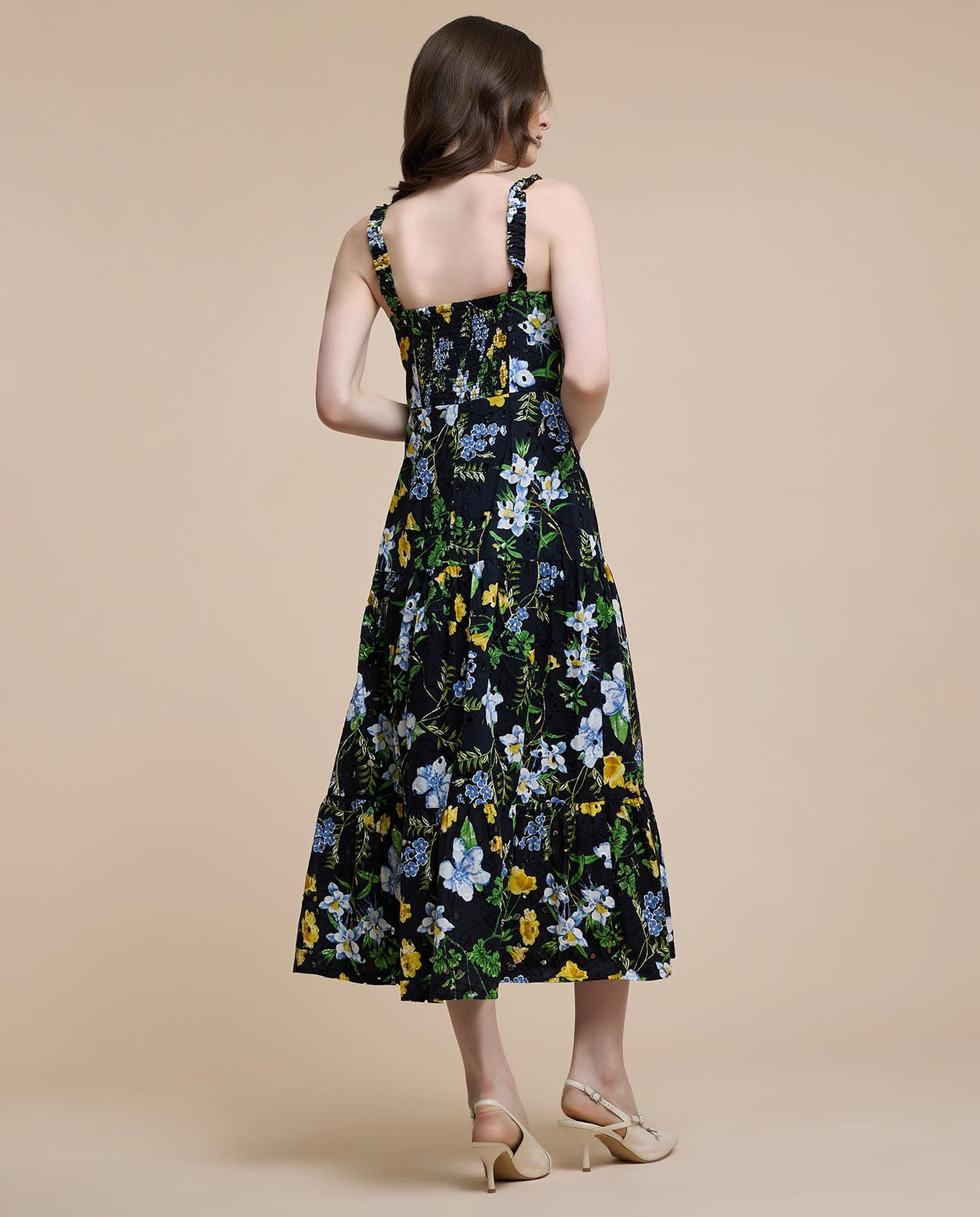 Floral Print Sleeveless Midi Dress with Sweatheart Neck