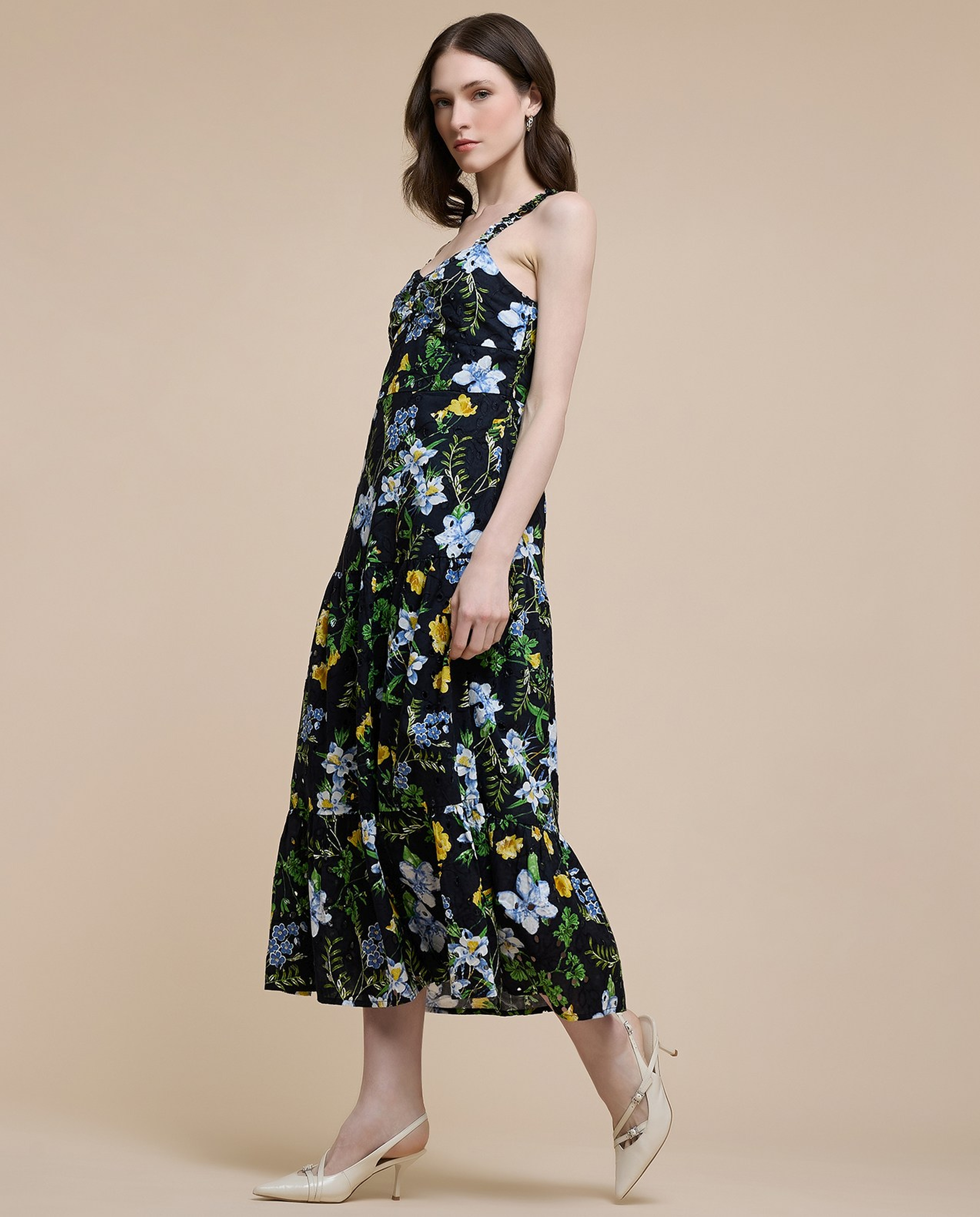Floral Print Sleeveless Midi Dress with Sweatheart Neck