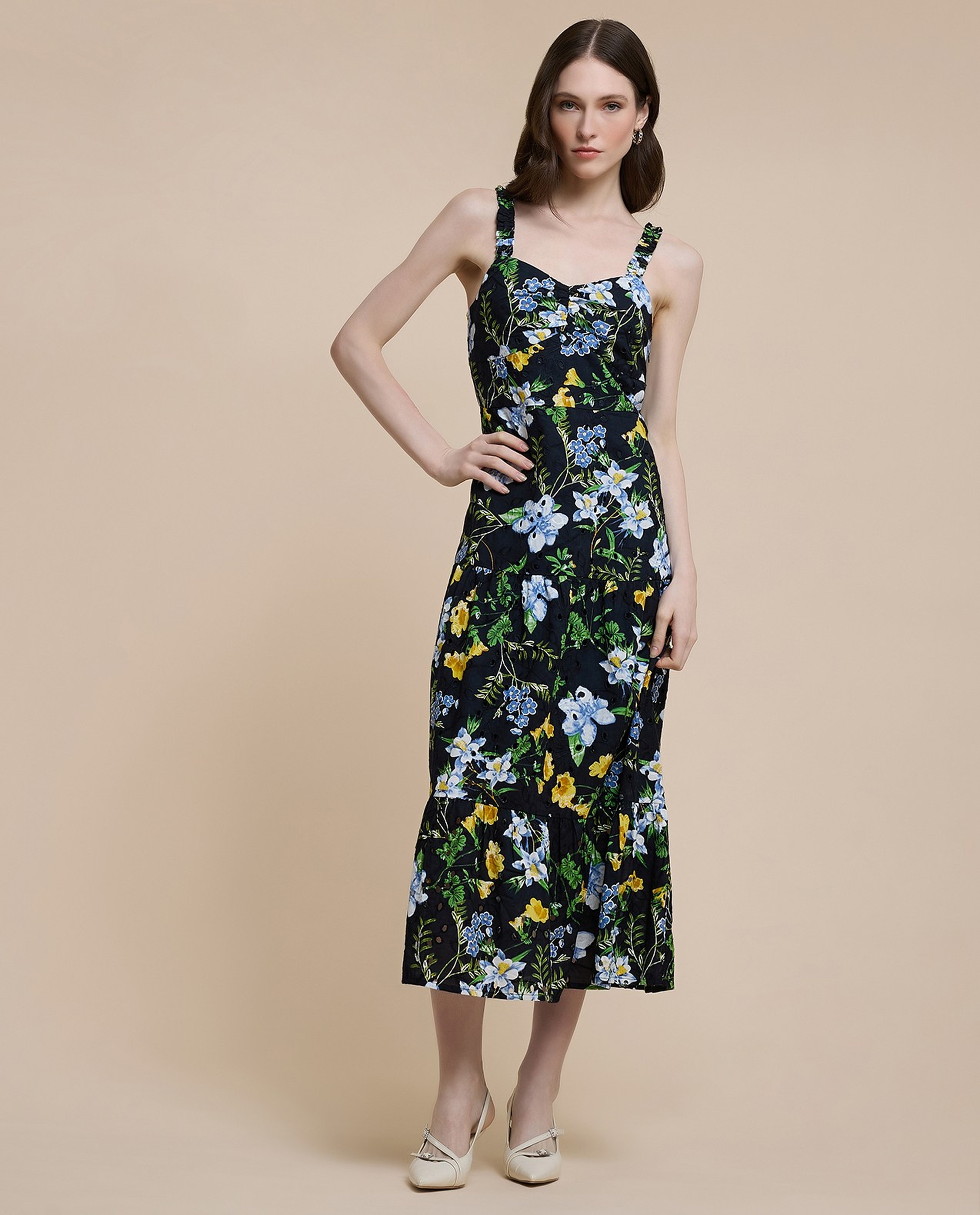 Floral Print Sleeveless Midi Dress with Sweatheart Neck